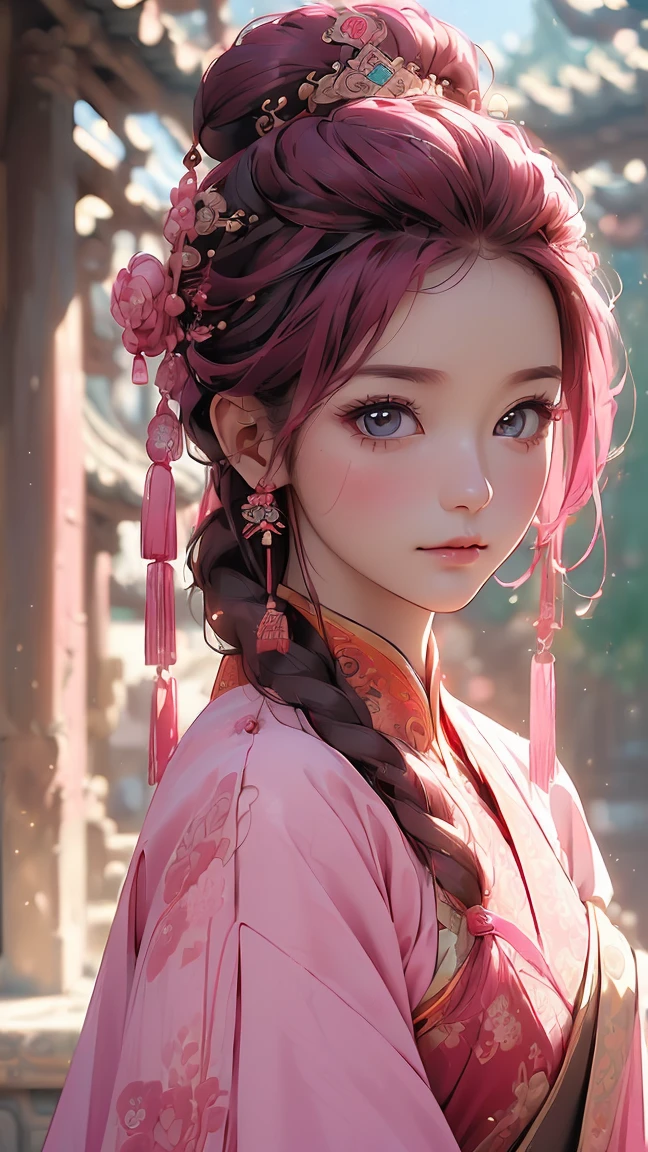 (((Best quality, 8k, Masterpiece: 1.3)), ((best quality)), ((masterpiece)), (detailed), perfect face, perfect body, (detailed skin:1.3), (intricate details), high details, highres, Yang Guifei, traditional Chinese costume, royalty, empress, luxury, pink hair, topknot, Hanfu