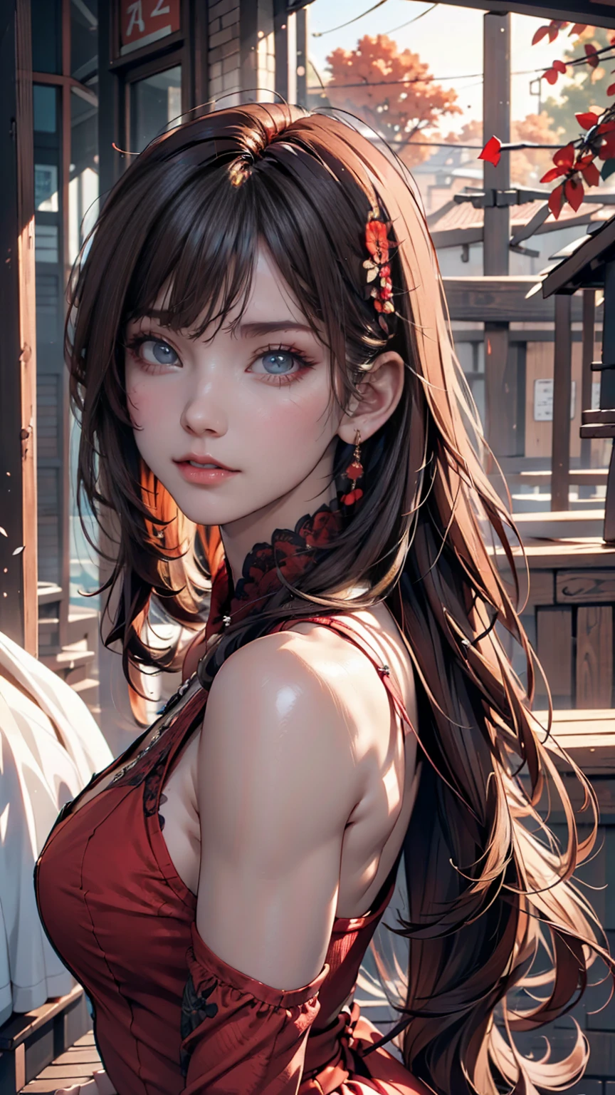 (masterpiece),( best quality:1.0), ( ultra high resolution:1.0),  Detailed Illustrations, 8k, Anime,  1 girl , beautiful Anime girl,  wearing a red dress , corolla,  cute face ,  detailed face ,   beautiful eyes ,  Detail Eyes, Dark red eyes, Bright red lips, Red lipstick, Beautiful stylish hair,  Hair Highlights , bangs Anime style,  best quality,  vibrant 