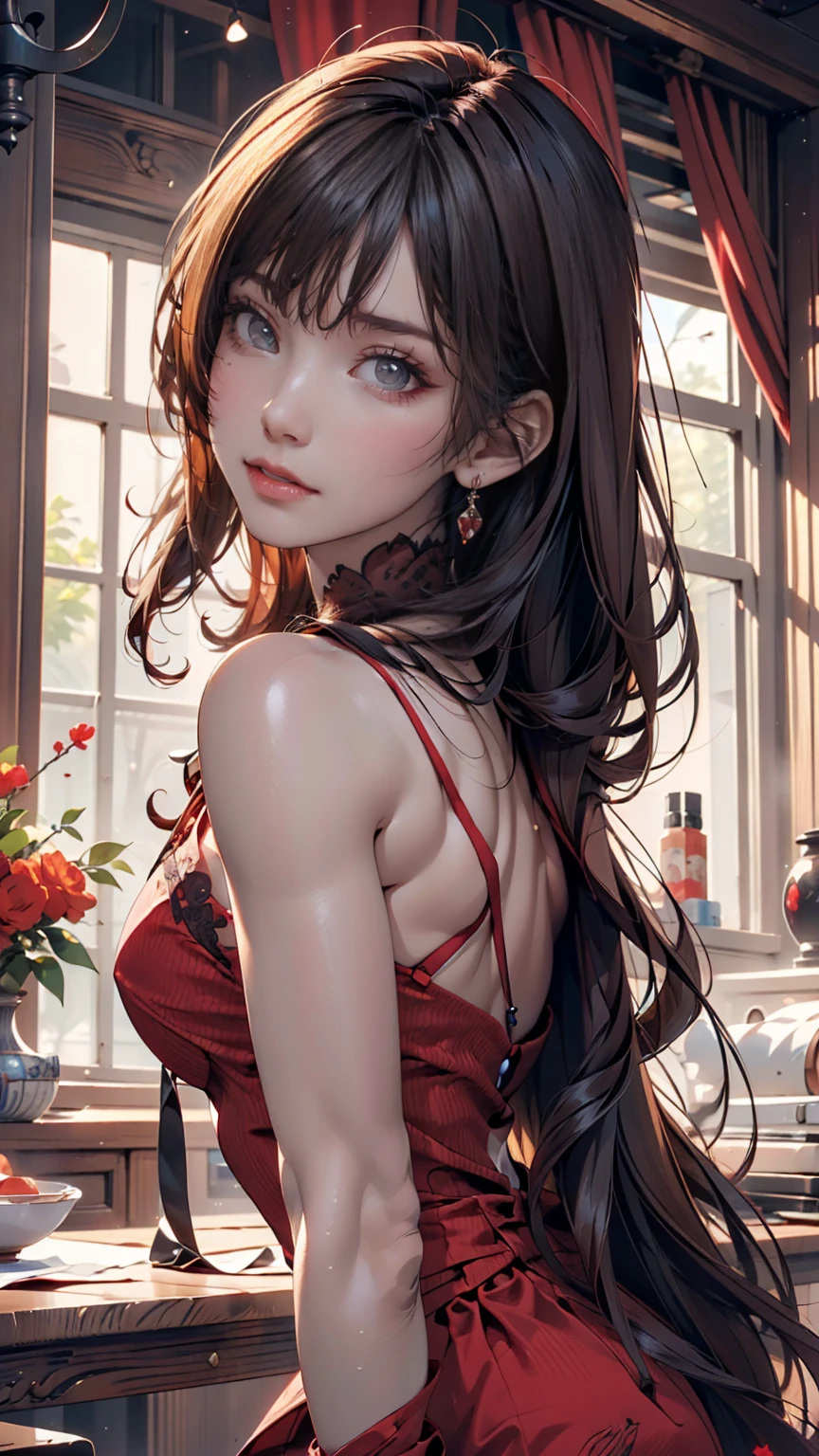 anime, cabelo vermelho, cabelos longos, vestir, Lolita, vermelho, fotografia premiada, corpo inteiro, salto alto, Penteado em que o cabelo, medium or long size, is split in half, From the forehead to the nape of the neck, and the two halves of the hair are tied close to the head