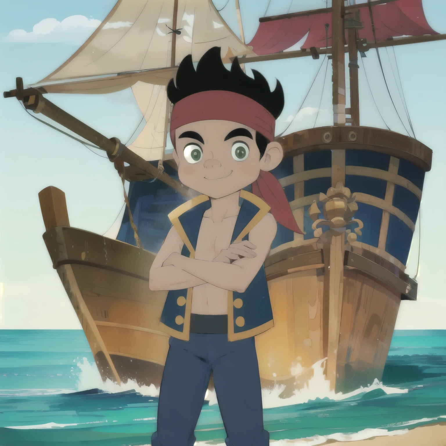 solo, 1boy, Jake, black hair, Green eyes, blue pants, ((topless)) ((shirtless)) Red headband, , cowboy shot, pirate ship, sea background, heroic pose, arms crossed, smiling, looking at viewer, bright colors, saturated colors