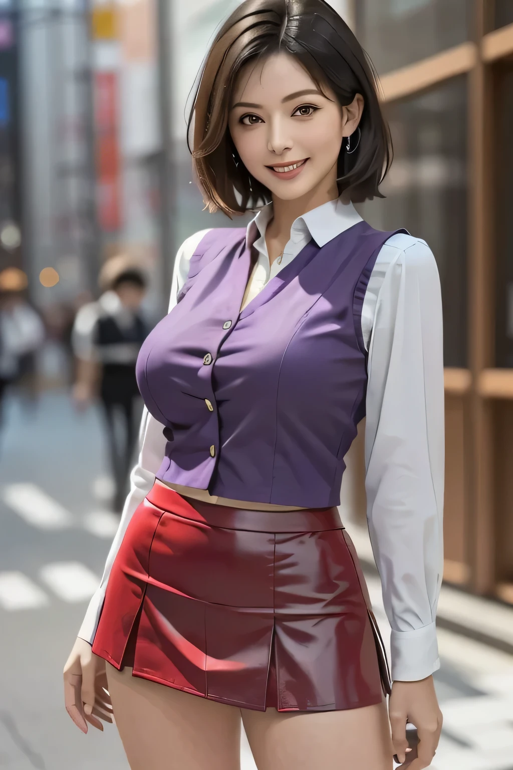 (1 Ultimate Beautiful Mature Woman),  Very detailedな顔,  Beautiful Brown Eyes ,  double eyelids, Slightly thick detailed lip,  short black hair , (Light purple blouse:1.2), ( Red tight mini skirt :1.4), (Big Breasts), smile, Thighs,  perfect lighting, (Realistic:1.4), ( Very detailed), ( best quality), ( vest shadow ), (masterpiece),   ultra high resolution,  With background: ((Ginza Art Gallery, Tokyo))