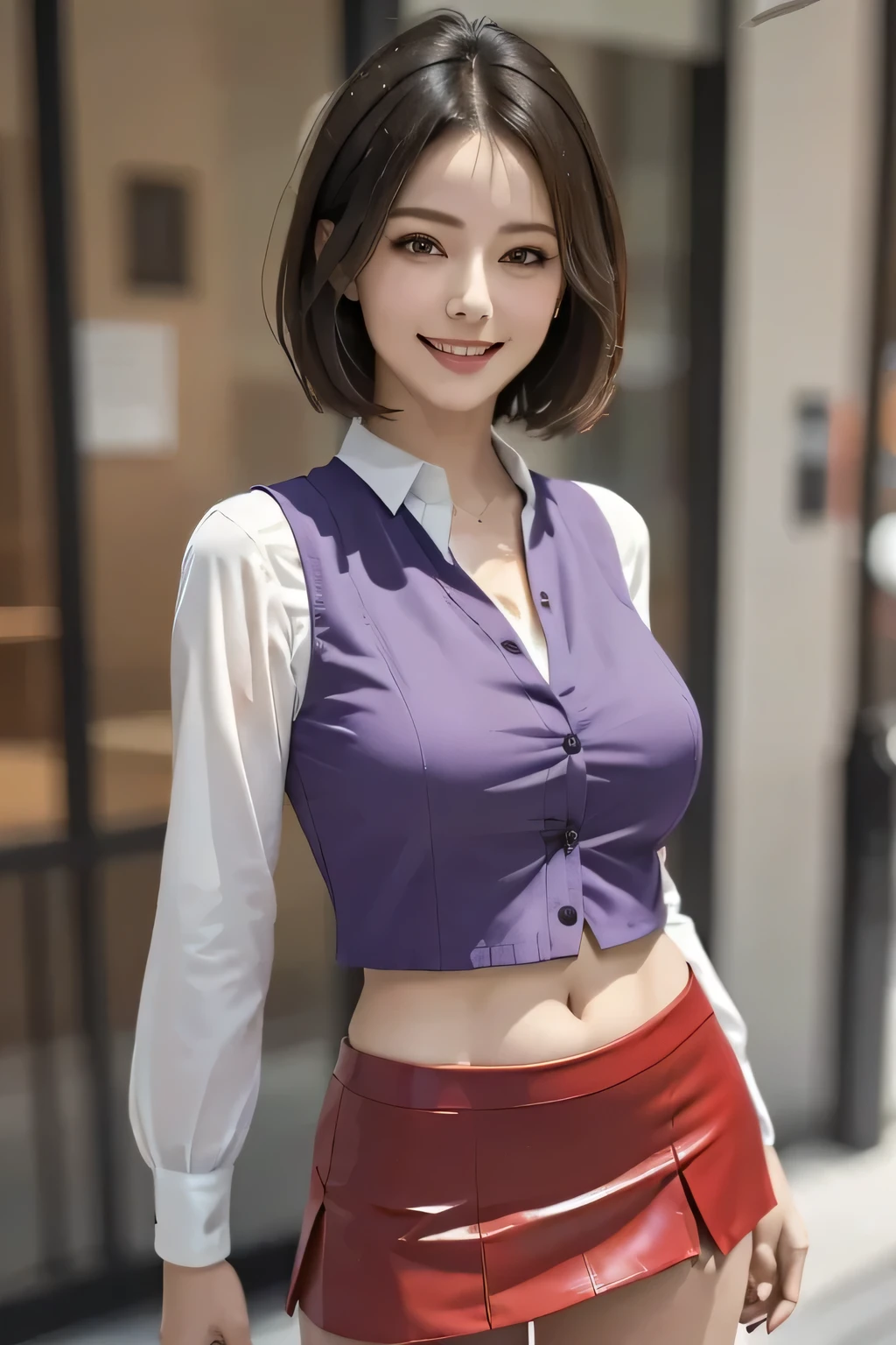 (1 Ultimate Beautiful Mature Woman),  Very detailedな顔,  Beautiful Brown Eyes ,  double eyelids, Slightly thick detailed lip,  Black Shorthair , (Light purple blouse:1.2), ( Red tight mini skirt :1.4),  Big Breasts , smile, Thighs,  perfect lighting, (Realistic:1.4), ( Very detailed), ( best quality), ( vest shadow ), (masterpiece),   ultra high resolution,  With background: ((Ginza Art Gallery, Tokyo))