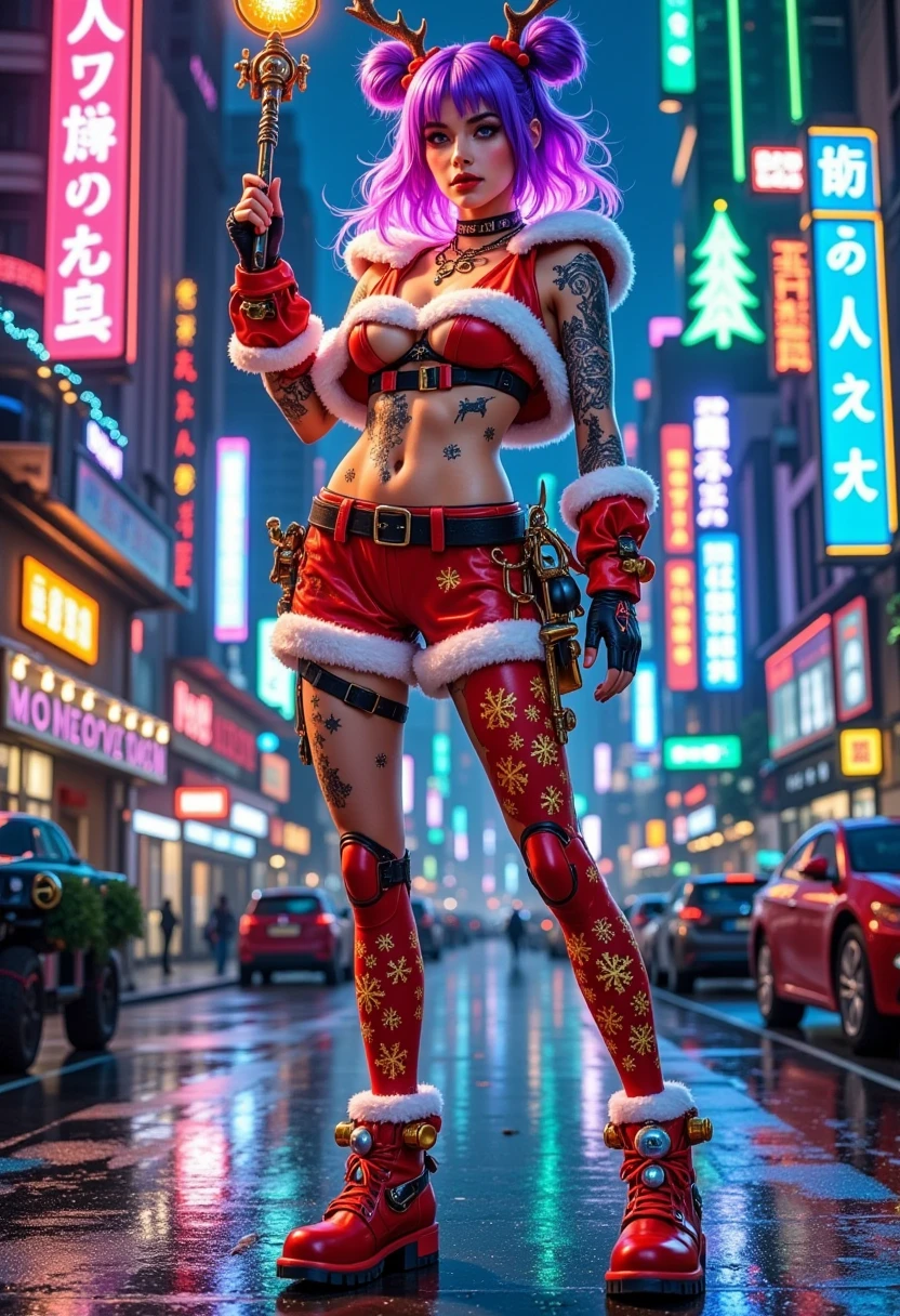 (Vision)，Wide Angle，(Full body shot:1.6)， surrealism, 1girl, cyberpunk femme fatale in Christmas-themed attire, neon orange and purple hair, Christmas-themed cybernetic implants that glow in the dark, showcasing variations of her outfit, sleek Christmas attire with snowflake patterns, high-tech accessories, Christmas magic wand with glowing runes, avant-garde footwear with bell buckles, festive tattoos of reindeer and snowflakes, glowing circuitry on her skin that resembles Christmas symbols, background should be a dark futuristic cityscape on Christmas night, neon lights shaped like Christmas trees and snowmen, emphasizing the character's bold and mysterious personality