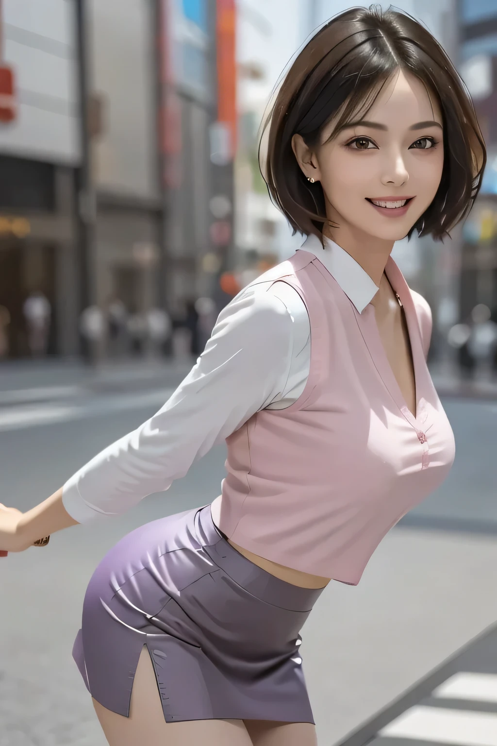 (1 Ultimate Beautiful Mature Woman),  Very detailedな顔,  Beautiful Brown Eyes ,  double eyelids, Slightly thick detailed lip,  short black hair , (Light purple blouse:1.2), (Pink tight mini skirt :1.4), (Big Breasts), smile, Thighs,  perfect lighting, (Realistic:1.4), ( Very detailed), ( best quality), ( vest shadow ), (masterpiece),   ultra high resolution,  With background: ((Ginza Art Gallery, Tokyo))