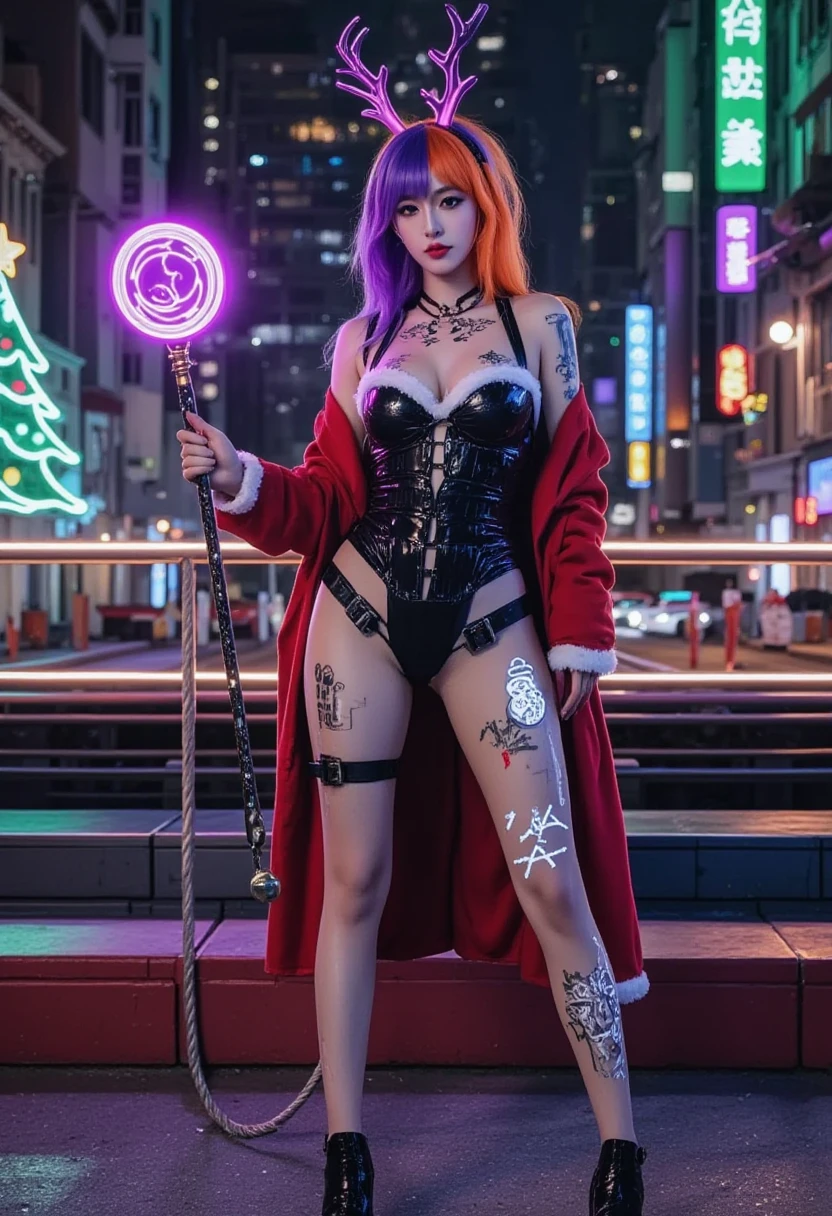 (Vision)，Wide Angle，(Full body shot:1.6)， surrealism, 1girl, cyberpunk femme fatale in Christmas-themed attire, neon orange and purple hair, Christmas-themed cybernetic implants that glow in the dark, showcasing variations of her outfit, sleek Christmas attire with snowflake patterns, high-tech accessories, Christmas magic wand with glowing runes, avant-garde footwear with bell buckles, festive tattoos of reindeer and snowflakes, glowing circuitry on her skin that resembles Christmas symbols, background should be a dark futuristic cityscape on Christmas night, neon lights shaped like Christmas trees and snowmen, emphasizing the character's bold and mysterious personality