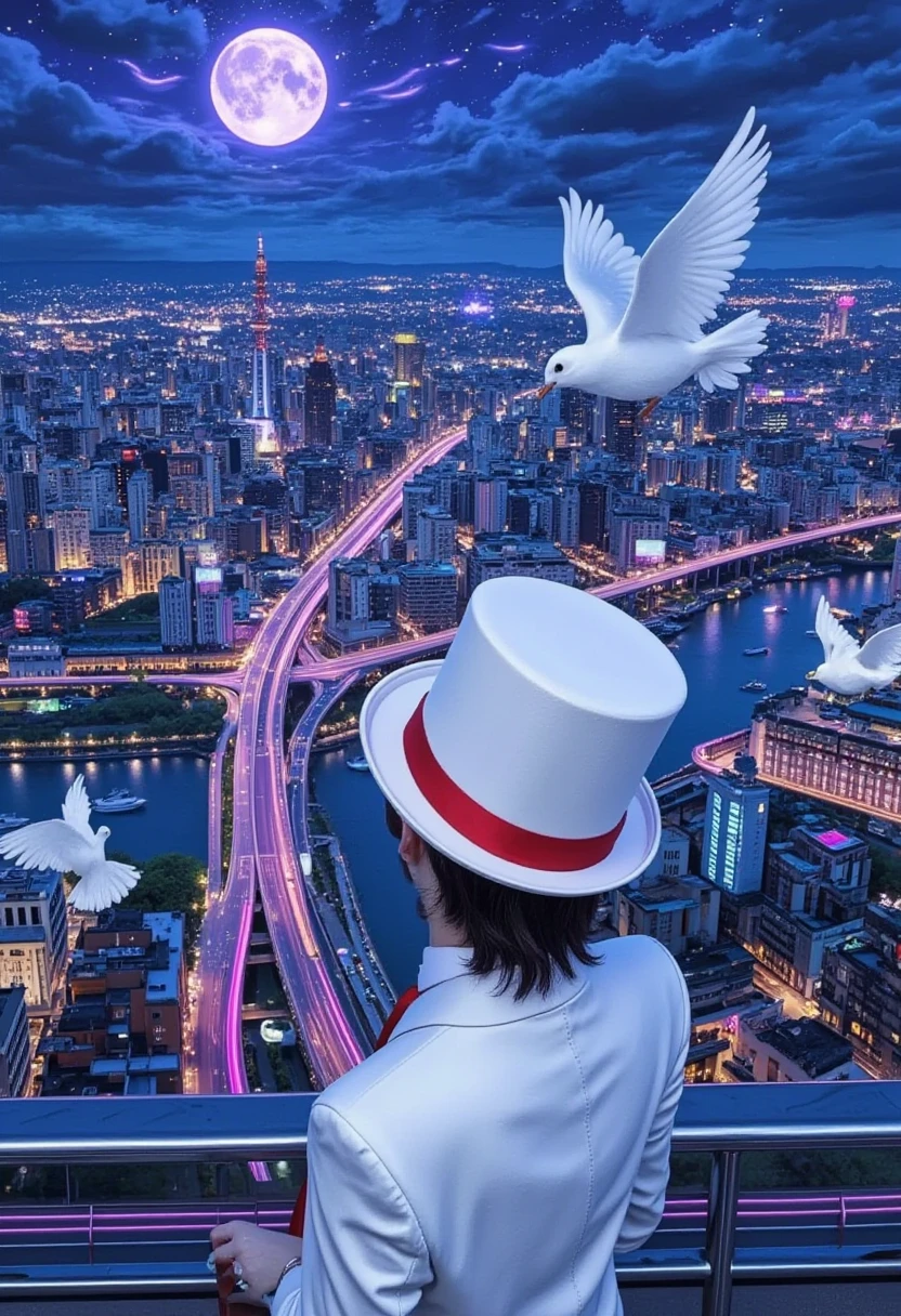 This anime-style illustration features a young man, likely in his late teens or early twenties, standing on a high vantage point overlooking a futuristic cityscape, He cuts a striking figure in a white suit and matching top hat, a red tie adding a splash of color, His expression is serious, almost aloof, as he gazes out at the sprawling urban landscape,
The city below is a vibrant tapestry of blues and purples, illuminated by the cool light of a full moon and the neon glow of countless buildings, A network of roads and bridges crisscrosses the scene, hinting at the city's bustling energy, Two white doves, symbols of peace or perhaps messages, flutter near him, their wings echoing the white of his attire,
The overall mood is one of mystery and intrigue, the cool color palette and the man's enigmatic expression suggesting a narrative waiting to unfold