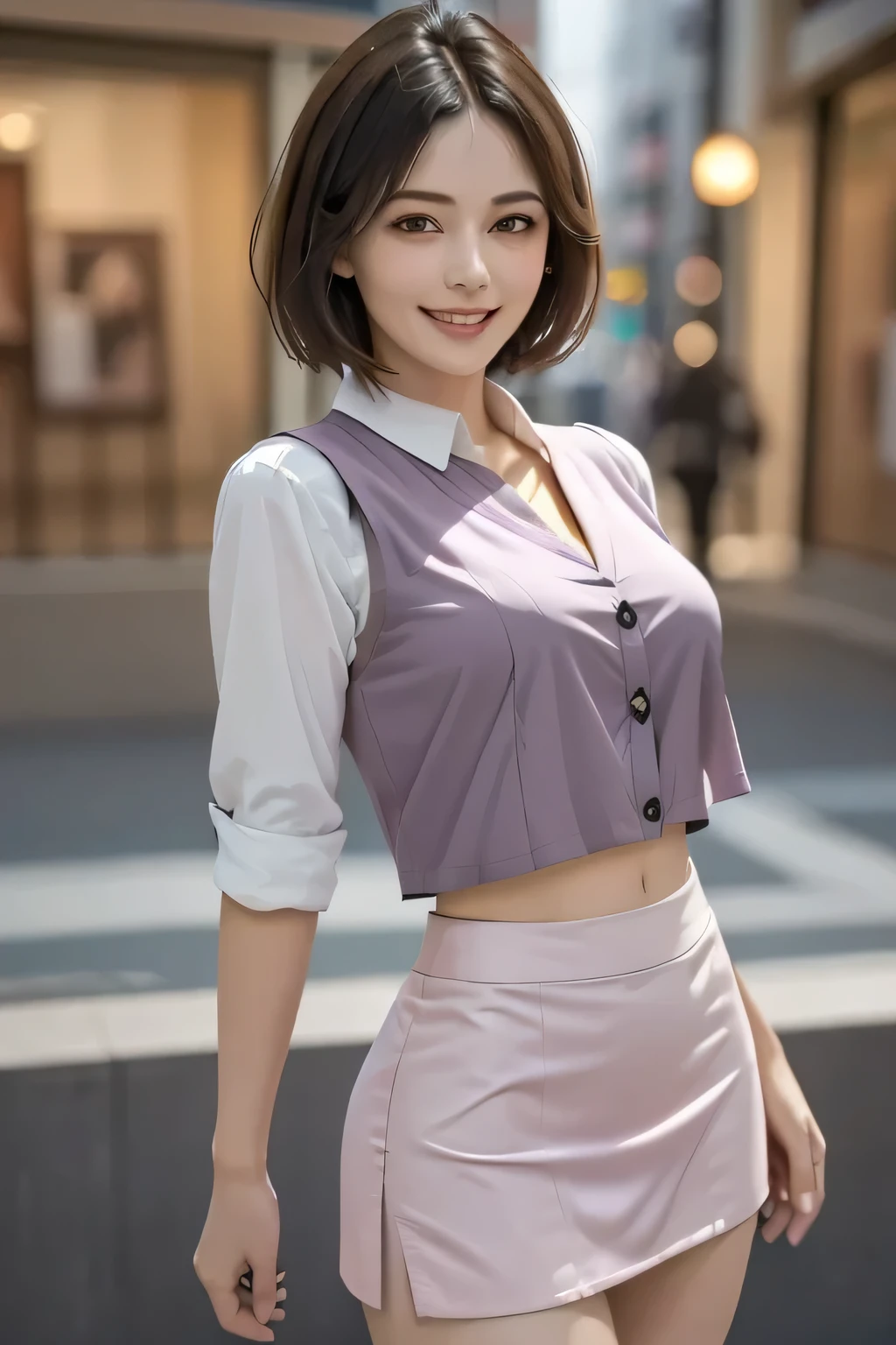 (1 Ultimate Beautiful Mature Woman),  Very detailedな顔,  Beautiful Brown Eyes ,  double eyelids, Slightly thick detailed lip,  Black Shorthair , (Light purple blouse:1.2), (Pink tight mini skirt :1.4), (Big Breasts), smile, Thighs,  perfect lighting, (Realistic:1.4), ( Very detailed), ( best quality), ( vest shadow ), (masterpiece),   ultra high resolution,  With background: ((Ginza Art Gallery, Tokyo))