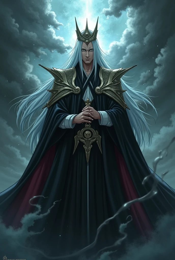 He has grown, flowing white hair. His sharp white eyes flashed with intense light. Wearing a stylish black suit, He exudes a mysterious aura. tall and big,The physique is well-defined, He attracts people's attention and respect. His profession is death.