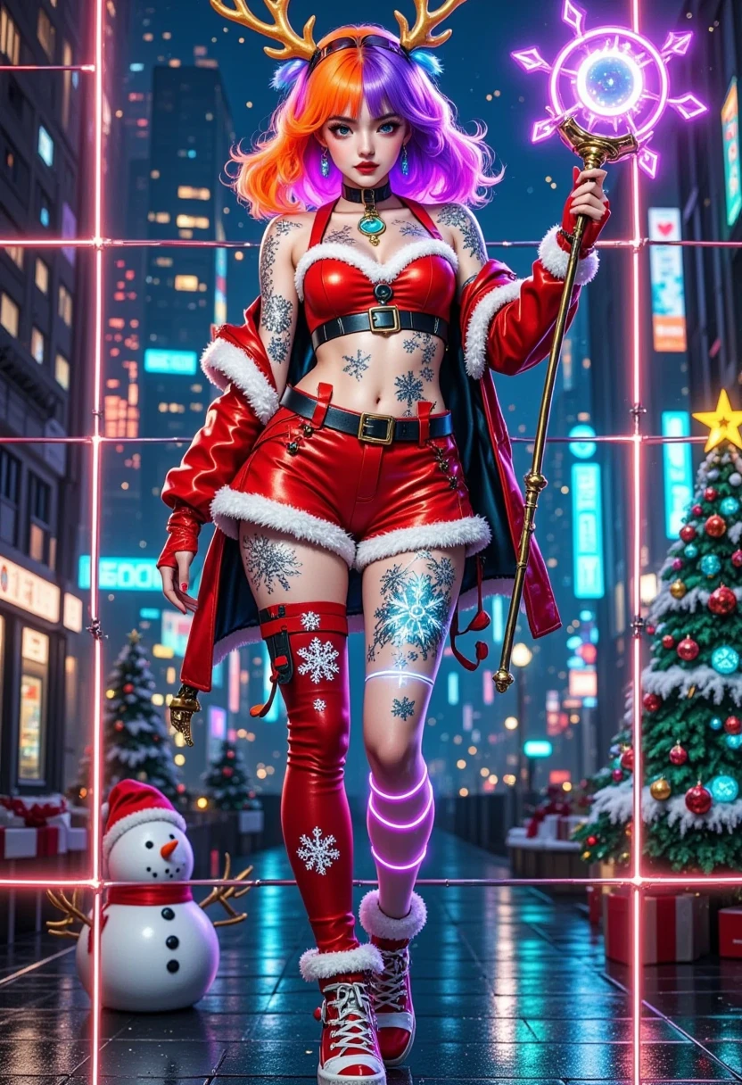 (Vision)，Wide Angle，(Full body shot:1.6)， surrealism, 1girl, cyberpunk femme fatale in Christmas-themed attire, neon orange and purple hair, Christmas-themed cybernetic implants that glow in the dark, showcasing variations of her outfit, sleek Christmas attire with snowflake patterns, high-tech accessories, Christmas magic wand with glowing runes, avant-garde footwear with bell buckles, festive tattoos of reindeer and snowflakes, glowing circuitry on her skin that resembles Christmas symbols, background should be a dark futuristic cityscape on Christmas night, neon lights shaped like Christmas trees and snowmen, emphasizing the character's bold and mysterious personality