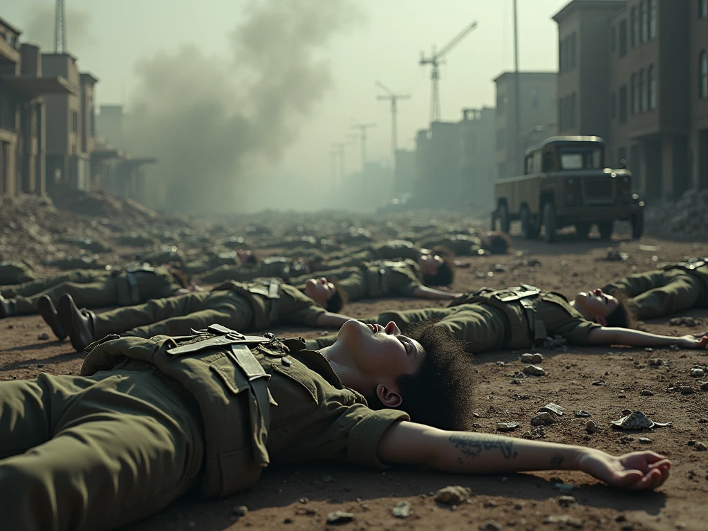 Injured soldier lying on the ground in army clothes, Weapons on the ground, houses on fire