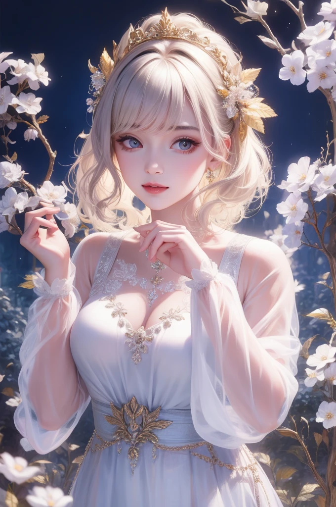 (Highest quality, 8k, CG, Beautiful and detailed whole body, , , Transparent coat dress, Floral Background, Complex facial features, length, Floating Hair, Almond Eye, Exquisite eye makeup, length eyelashes fluttering, Blinking big eyes, Starry Sky, Delicate lip detail, Soft and harmonious style)、cute、sexy, cute girl, face