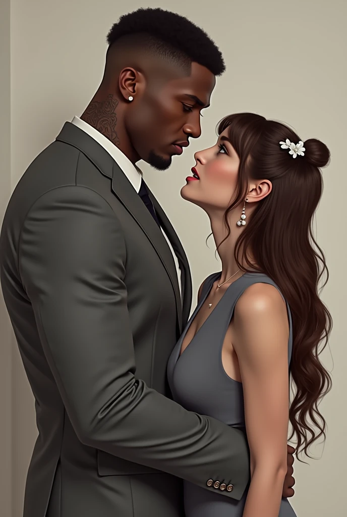 A couple formed by a young black man with fine features, straight hair cut low, thin moustache, super tall stature, thin but with a muscular body, wearing formal clothes and an extremely white woman, greeneyes, short stature, wide body with wide hips and big buttocks, Waist slender. Wearing a long dress with long sleeves covering her arms. Wavy hair in light brown with a hint of red. The two are in New York looking at each other posing for the photo.