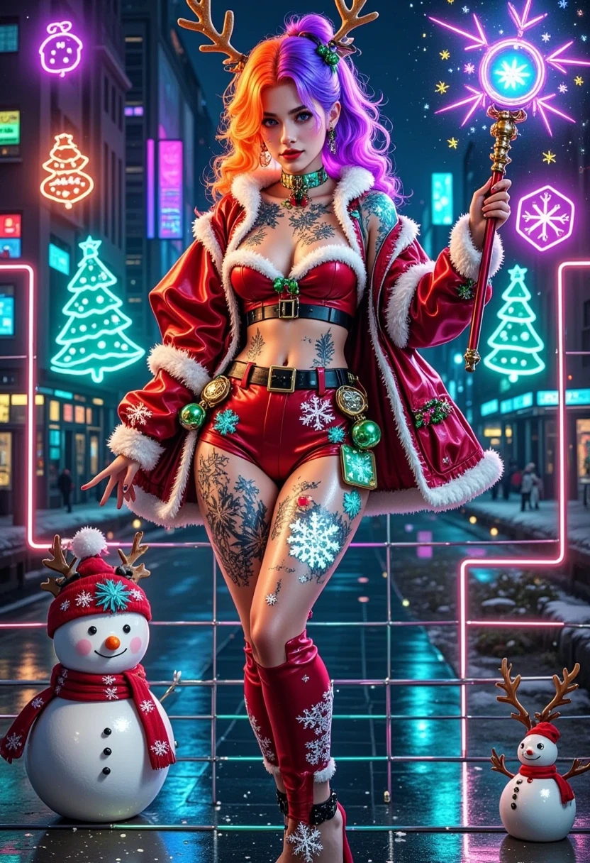 (Vision)，Wide Angle，(Full body shot:1.6)， surrealism, 1girl, cyberpunk femme fatale in Christmas-themed attire, neon orange and purple hair, Christmas-themed cybernetic implants that glow in the dark, showcasing variations of her outfit, sleek Christmas attire with snowflake patterns, high-tech accessories, Christmas magic wand with glowing runes, avant-garde footwear with bell buckles, festive tattoos of reindeer and snowflakes, glowing circuitry on her skin that resembles Christmas symbols, background should be a dark futuristic cityscape on Christmas night, neon lights shaped like Christmas trees and snowmen, emphasizing the character's bold and mysterious personality