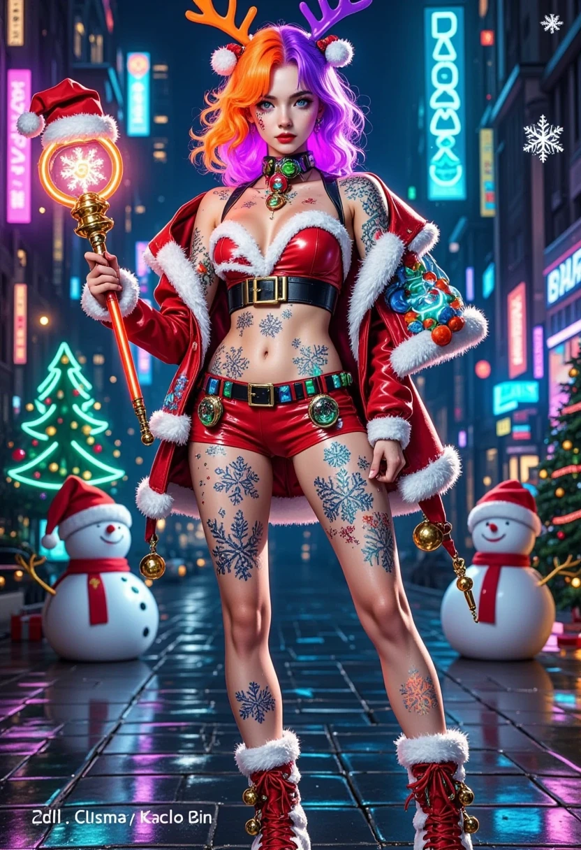 (Vision)，Wide Angle，(Full body shot:1.6)， surrealism, 1girl, cyberpunk femme fatale in Christmas-themed attire, neon orange and purple hair, Christmas-themed cybernetic implants that glow in the dark, showcasing variations of her outfit, sleek Christmas attire with snowflake patterns, high-tech accessories, Christmas magic wand with glowing runes, avant-garde footwear with bell buckles, festive tattoos of reindeer and snowflakes, glowing circuitry on her skin that resembles Christmas symbols, background should be a dark futuristic cityscape on Christmas night, neon lights shaped like Christmas trees and snowmen, emphasizing the character's bold and mysterious personality