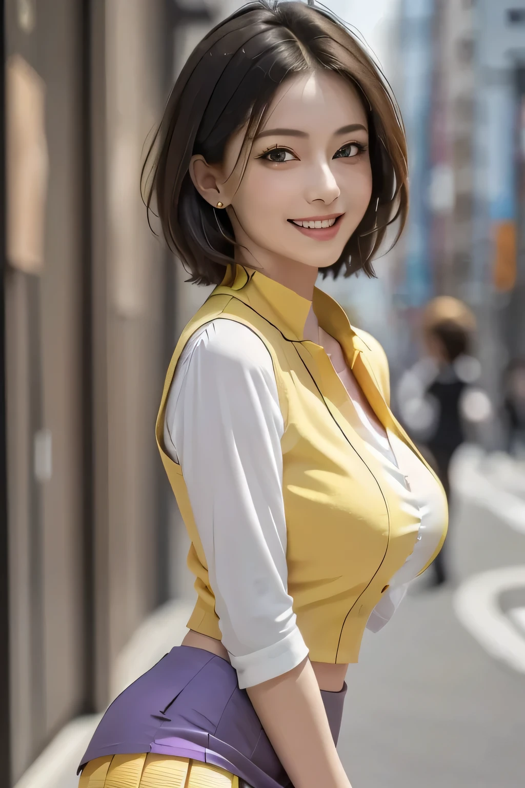 (1 Ultimate Beautiful Mature Woman),  Very detailedな顔,  Beautiful Brown Eyes ,  double eyelids, Slightly thick detailed lip,  Black Shorthair , (Light purple blouse:1.2), (yellow tight miniskirt :1.4), (Big Breasts), smile, Thighs,  perfect lighting, (Realistic:1.4), ( Very detailed), ( best quality), ( vest shadow ), (masterpiece),   ultra high resolution,  With background: ((Ginza Art Gallery, Tokyo))