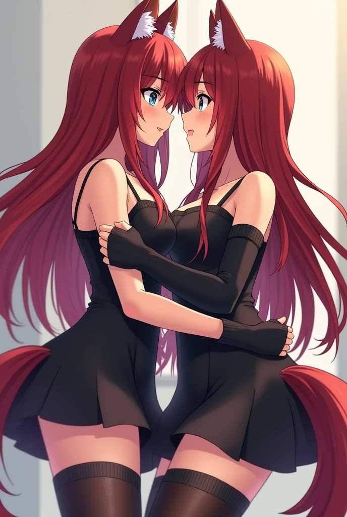 Rias Gremory and Akeno Himejima with big breasts, both with big butts, wearing black transparent leggings, and posing their butts for the viewer