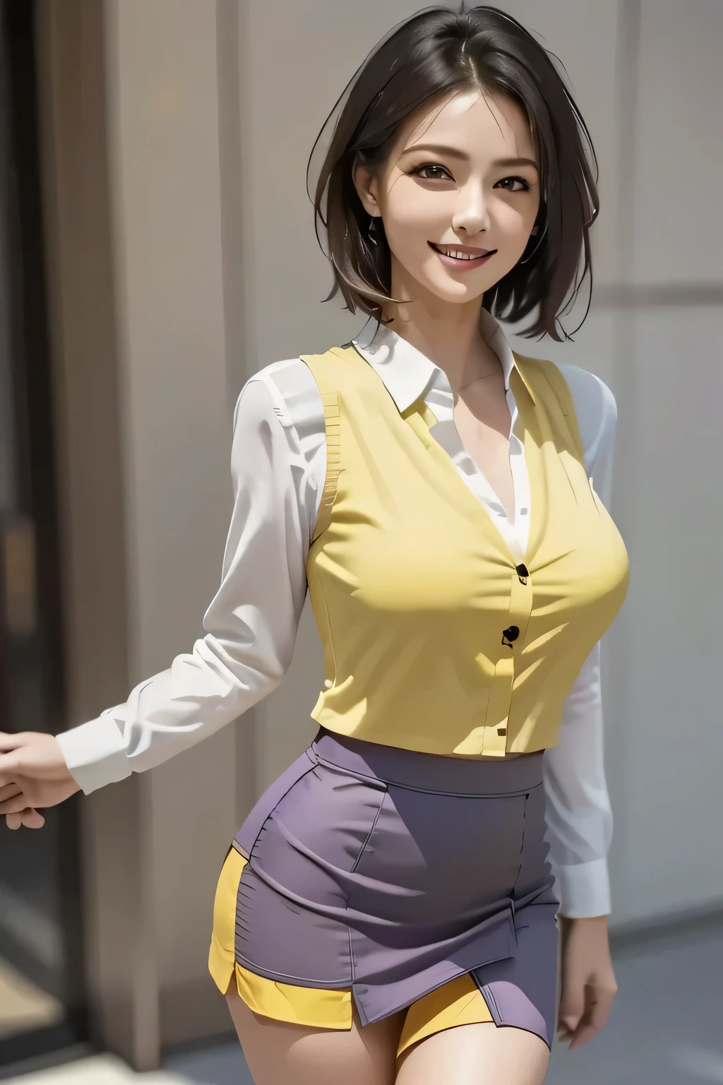 (1 Ultimate Beautiful Mature Woman),  Very detailedな顔,  Beautiful Brown Eyes ,  double eyelids, Slightly thick detailed lip,  Black Shorthair , (Light purple blouse:1.2), (yellow tight miniskirt :1.4), (Big Breasts), smile, Thighs,  perfect lighting, (Realistic:1.4), ( Very detailed), ( best quality), ( vest shadow ), (masterpiece),   ultra high resolution,  With background: ((Ginza Art Gallery, Tokyo))