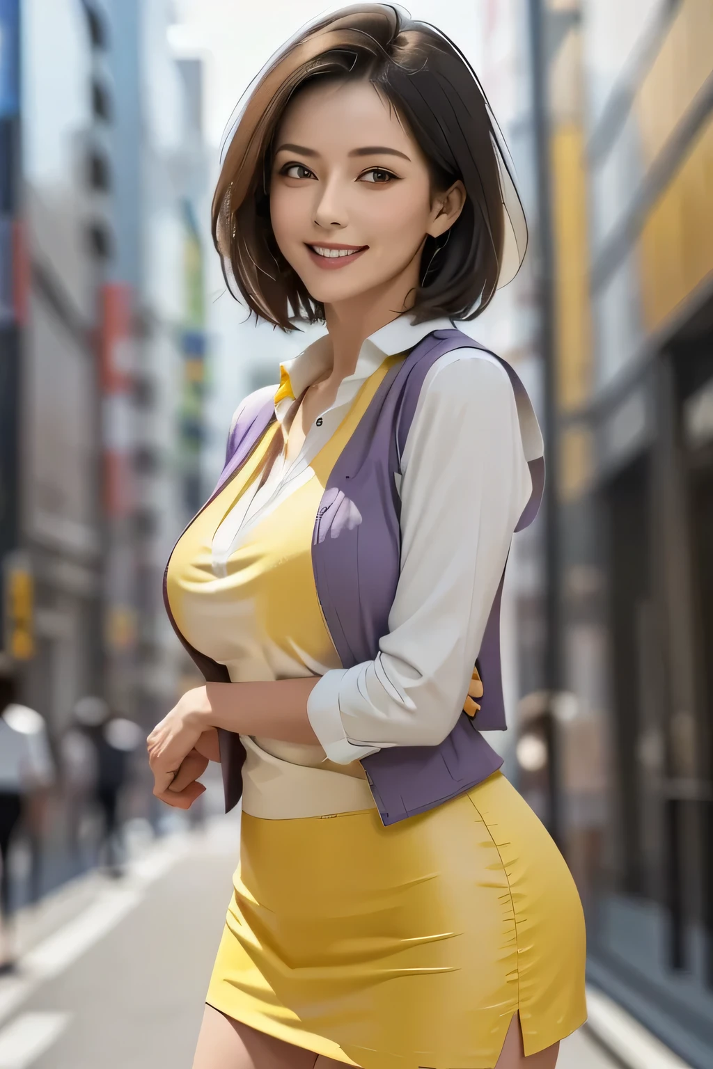 (1 Ultimate Beautiful Mature Woman),  Very detailedな顔,  Beautiful Brown Eyes ,  double eyelids, Slightly thick detailed lip,  short black hair , (Light purple blouse:1.2), (yellow tight miniskirt :1.4), (Big Breasts), smile, Thighs,  perfect lighting, (Realistic:1.4), ( Very detailed), ( best quality), ( vest shadow ), (masterpiece),   ultra high resolution,  With background: ((Ginza Art Gallery, Tokyo))