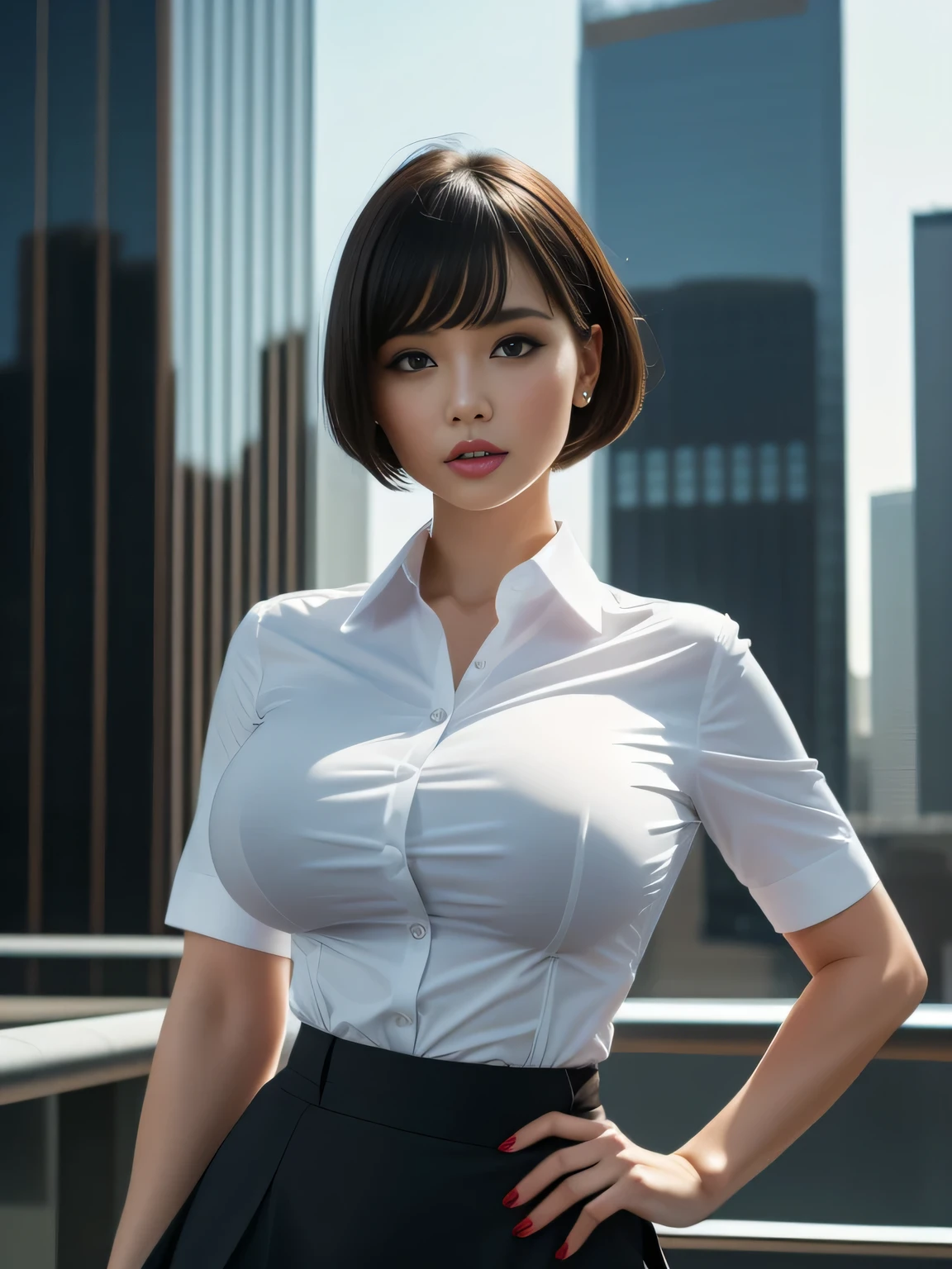 Tight-fitting business shirt, Just-fitting short sleeve, High-waist pencil skirt, (Shirt tucked into skirt:1.5), (Wearing a business Jacket on top:1.3), Pantyhorse, Office district, Skyscrapers in the background, Daytime,
8K Quality, (High Resolution:1.5), (Realistic photo:1.5), (Raw photo:1.1), (Extremely detailed photo), (White balance:1.25), Absolute masterpiece,
(Looking at the viewer:1.3), Staring, Standing,
(Big breasts:1.2), (Lip make-up), Glossy skin, Bangs, Short wavy bob, Ultra pretty girl