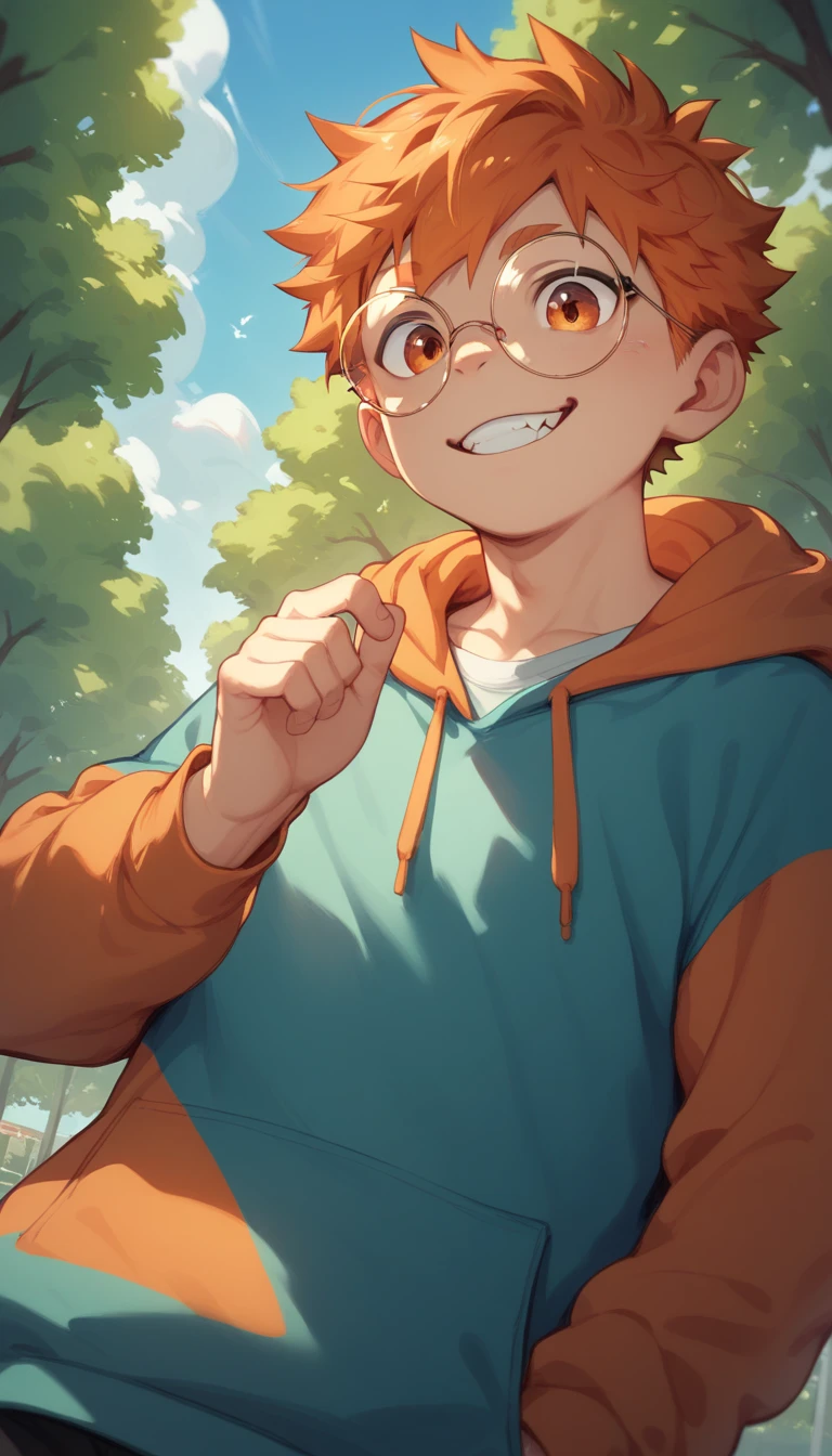 a handsome cute little young boy 3yr cool,messy orange hair and orange eyes,wearing round glasses,wearing hoodie,from below,in park,showing off his canine teeth,fullbody