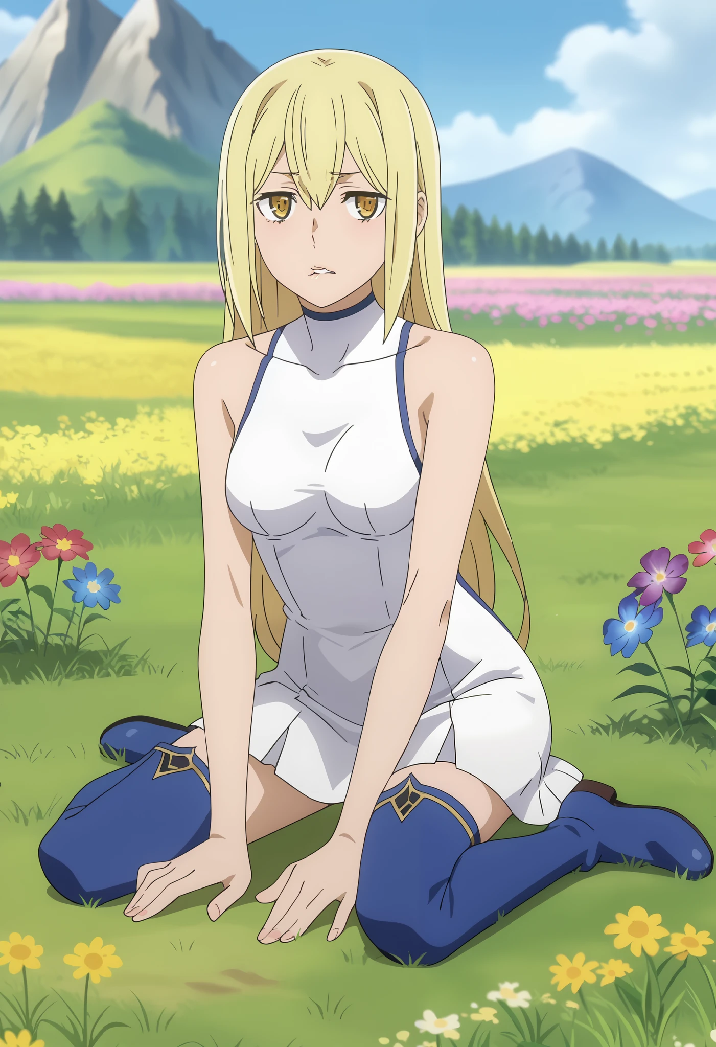 Anxiety worried, biting lip, tense, visibly unsettled
, score_7_up, anime screencap, 1girl, solo, long hair, blonde hair, hair between eyes, yellow eyes, AisCasual, sleeveless dress, white dress, short dress, thigh boots, blue footwear, sitting, on ground, looking at viewer, scenery, mountains, grass, flower field,