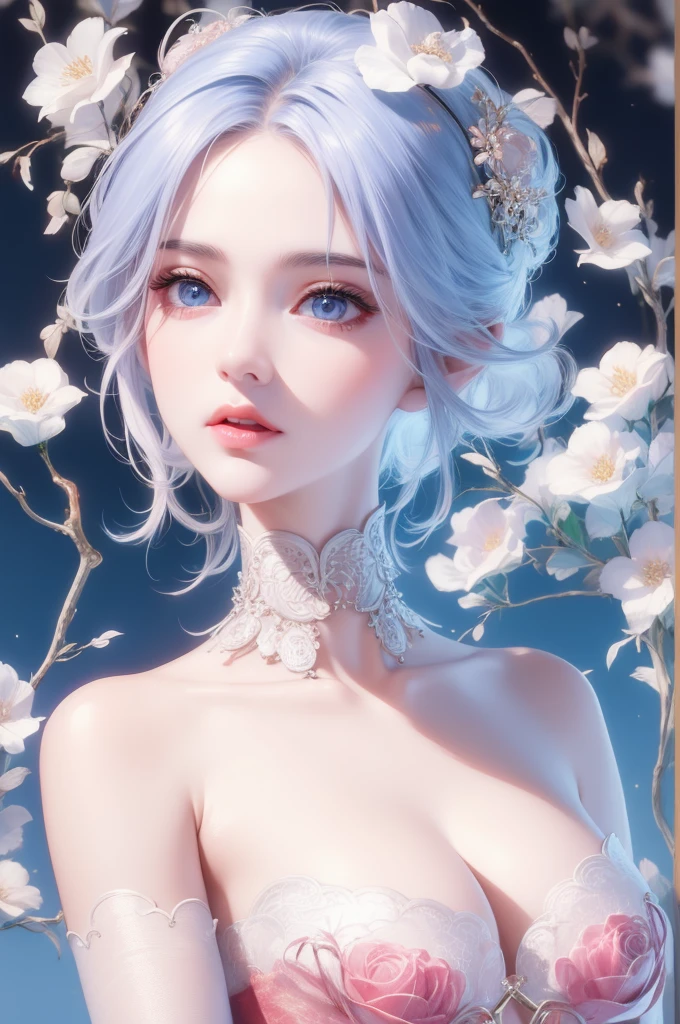tmasterpiece，Highest high resolution，((((ruit))))，Dynamic bust of beautiful aristocratic maiden，Blue hair is elegantly coiled，（((Wearing a huge flower crown、Hats，jewelery，adiamondnecklace)))，Purple clear eyes，(((The hair is covered with beautiful and delicate floral craftsmanship, Crystal jewelry filigree)))，Ultra-detailed details，Hands naturally droop。