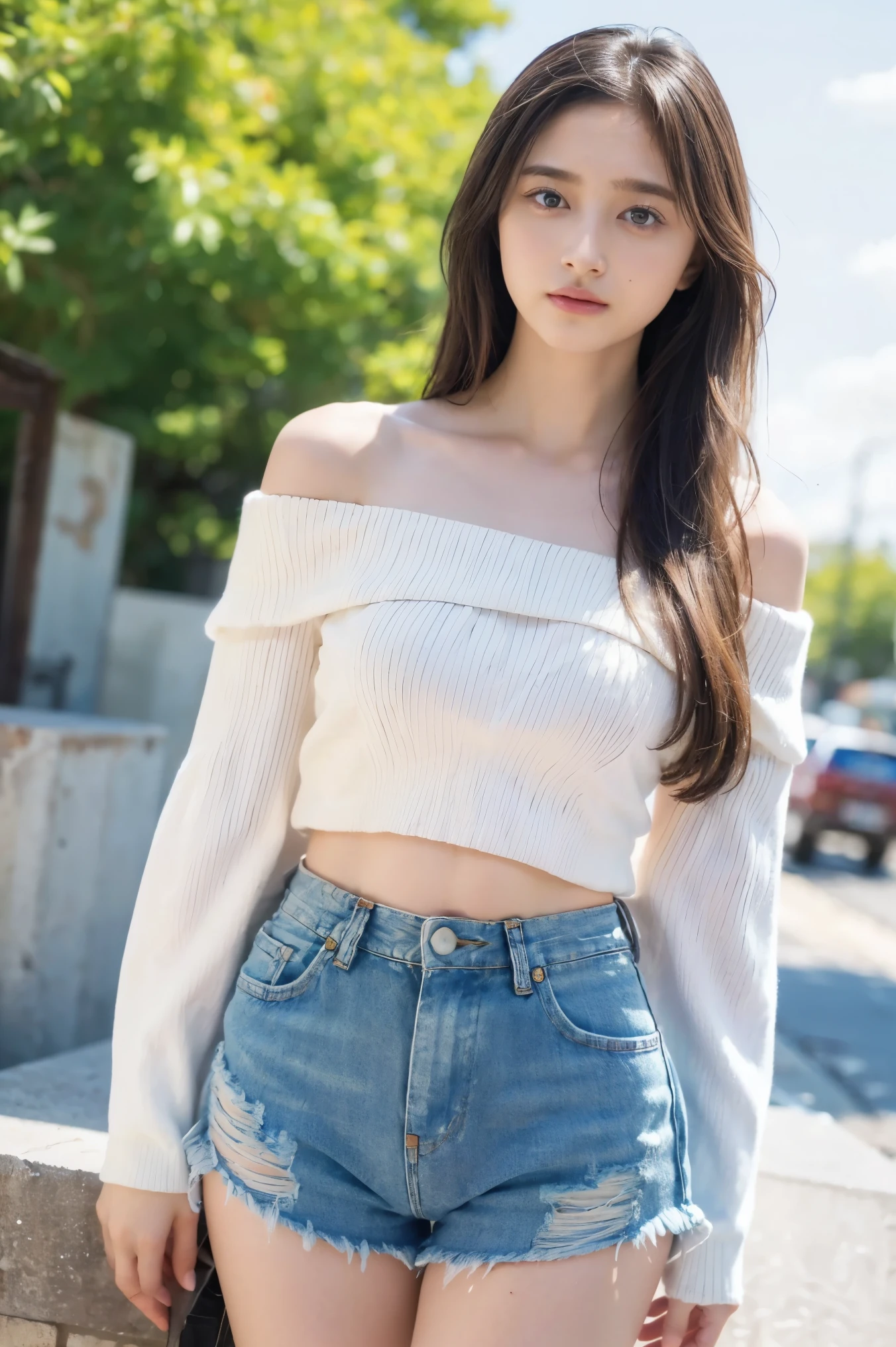 Central chest, beautiful and amazing eyes, (Long Hair:1.2), (8k, best quality, masterpiece:1.2), (Realistic, Realistic:1.37), Very detailed, 1 girl, cute, Alone,(White off-the-shoulder knit and distressed denim shorts:1.2)、belly button、Look forward, is showing the whole body, sexy girl portrait, Blue sky and clouds,Around town、
