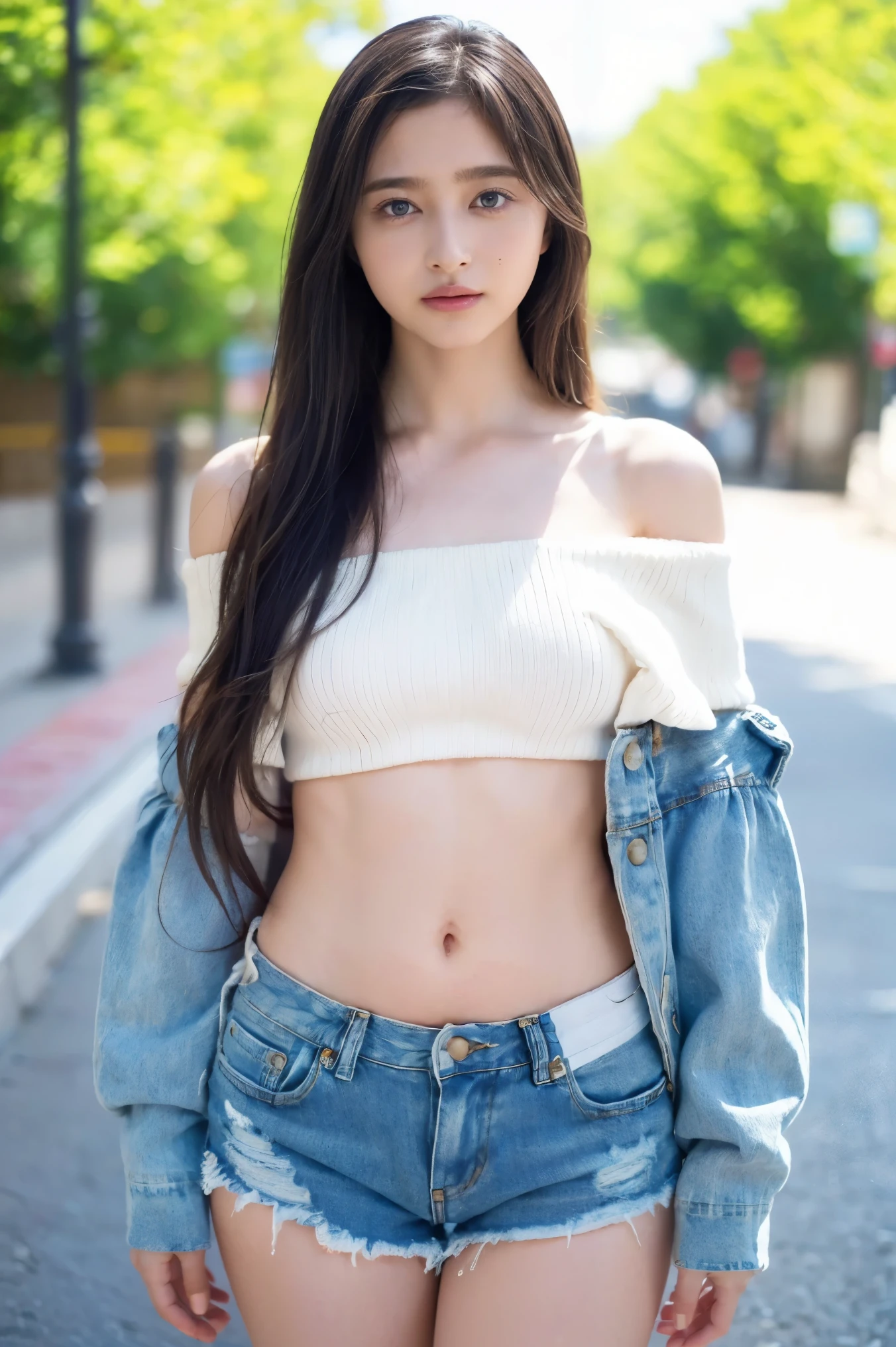 Central chest, beautiful and amazing eyes, (Long Hair:1.2), (8k,  best quality, masterpiece:1.2), (Realistic, Realistic:1.37),  Very detailed,  1 girl, cute, Alone,(White off-the-shoulder knit and distressed denim shorts:1.2)、belly button、Look forward, is showing the whole body, sexy girl portrait, Blue sky and clouds,Around town、