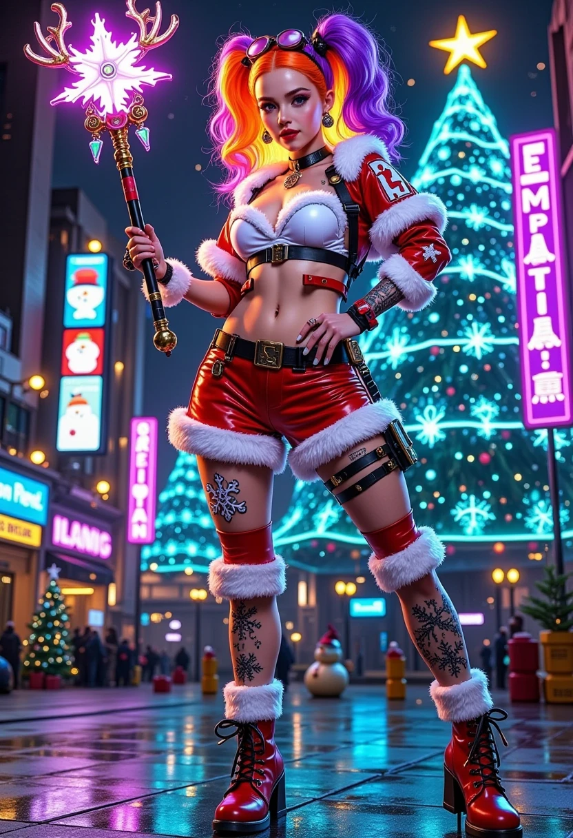 (Vision)，Wide Angle，(Full body shot:1.6)， surrealism, 1girl, cyberpunk femme fatale in Christmas-themed attire, neon orange and purple hair, Christmas-themed cybernetic implants that glow in the dark, showcasing variations of her outfit, sleek Christmas attire with snowflake patterns, high-tech accessories, Christmas magic wand with glowing runes, avant-garde footwear with bell buckles, festive tattoos of reindeer and snowflakes, glowing circuitry on her skin that resembles Christmas symbols, background should be a dark futuristic cityscape on Christmas night, neon lights shaped like Christmas trees and snowmen, emphasizing the character's bold and mysterious personality