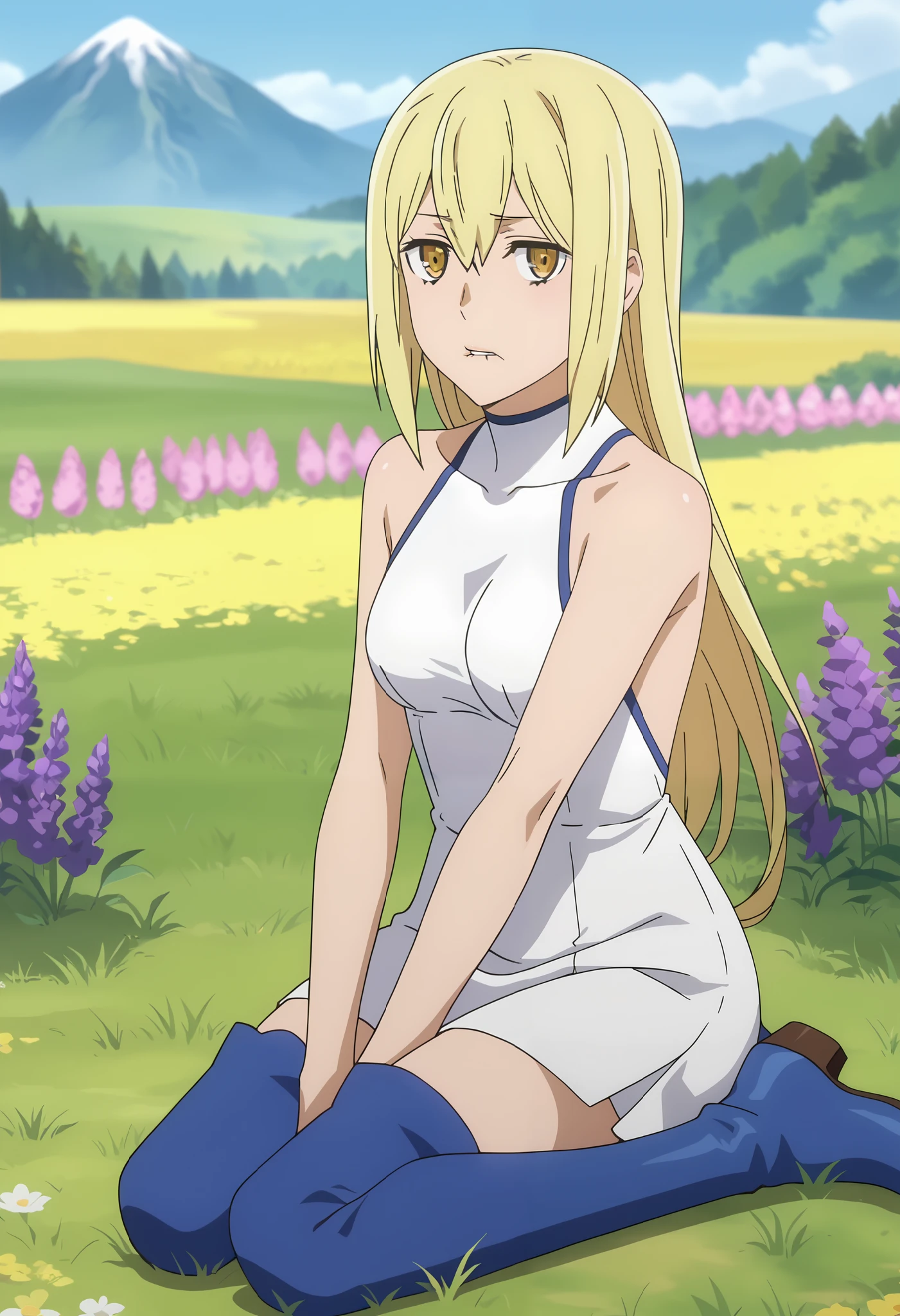 Anxiety worried, biting lip, tense, visibly unsettled
, score_7_up, anime screencap, 1girl, solo, long hair, blonde hair, hair between eyes, yellow eyes, AisCasual, sleeveless dress, white dress, short dress, thigh boots, blue footwear, sitting, on ground, looking at viewer, scenery, mountains, grass, flower field,