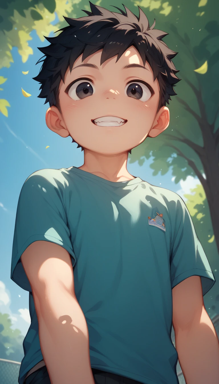 a handsome cute little young boy 3yr cool,messy black hair and black eyes,not wearing shirt,from below,in park,showing off his canine teeth,fullbody