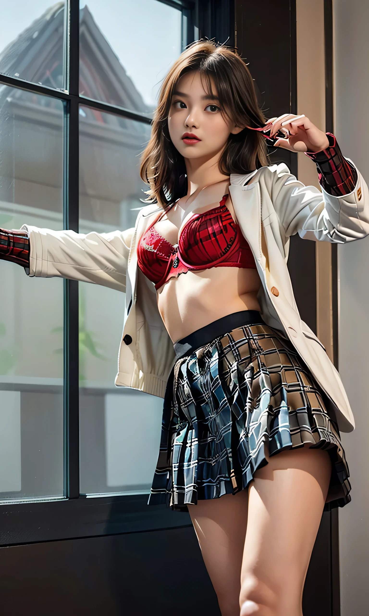 (( 18 year old woman wearing plaid brown pleated skirt and ivory jacket:1.5))、((18 year old woman wearing red bra :1.7))、Thin and Long Legs、Bare legs、Long legs、Elegant legs, BEAUTIFUL SLIM LEGS、very BEAUTIFUL SLIM LEGS、とてもbeautiful Thin and Long Legs、 I can see your legs 、Tight clothing, Bare legs, Beautiful feet、whole body, smooth chest 、(( bigger breasts :1.5)),、Best lol 、 ((Posing by the window :1.5)、 (( skirt soars up :1.5))、((( Panchira :1.5)))、Cute 18 year old girl taken from the front、Medium-length hair、Slender body、 big bust、 facial beauty、 small face、Big Eyes、beautiful、Beautiful eyes、 brown hair、( check and correct the number of fingers :1.3)、 (( dark brown eyes:1.2)、 ( realistic skin texture:1.3)、( immersive vibe and viewing angle :0.8, Chiaroscuro:1.2) 、( showing off her panties to viewers :1.4)、(( embarrassed expression :1.4))、(( red cheeks :1.3))、(( from under the ceiling :1.2))、(smile:0.7)、(( red panties :1.5))、(( Panchira ))、(( young woman ))、((from below :1.48))、(( and is wearing very small panties by the window {x}:1.54))、((real red panties ))、