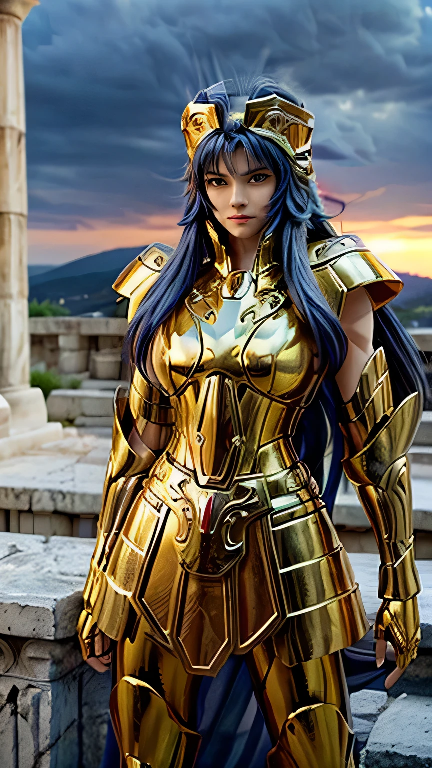 (realistic, photo-realistic:1.37),(8k, RAW photo, best quality, masterpiece:1.2),best quality,photo,Nikon camera,35mm lens, blue hair,blue eyes :1.1),1girl,((jiangshuying)),smile,hair bangs,long hair,(cleavage:1.2),scorpioarmor, greek ruins background,looking at viewer,(depth of field, blurry background, bokeh:1.3),armor,golden shinning armor,reflection armor,helmet,(extremely bright backlight:1),(The Greek Temple In the desert),ultra wide angle,dynamic angle,ultra-detailed,physically-based rendering,ultra high res,front lighting,looking at viewer,solo,best quality,extremely detailed face,extremely detailed eyes and face,beautiful detailed eyes,incredibly absurdness,