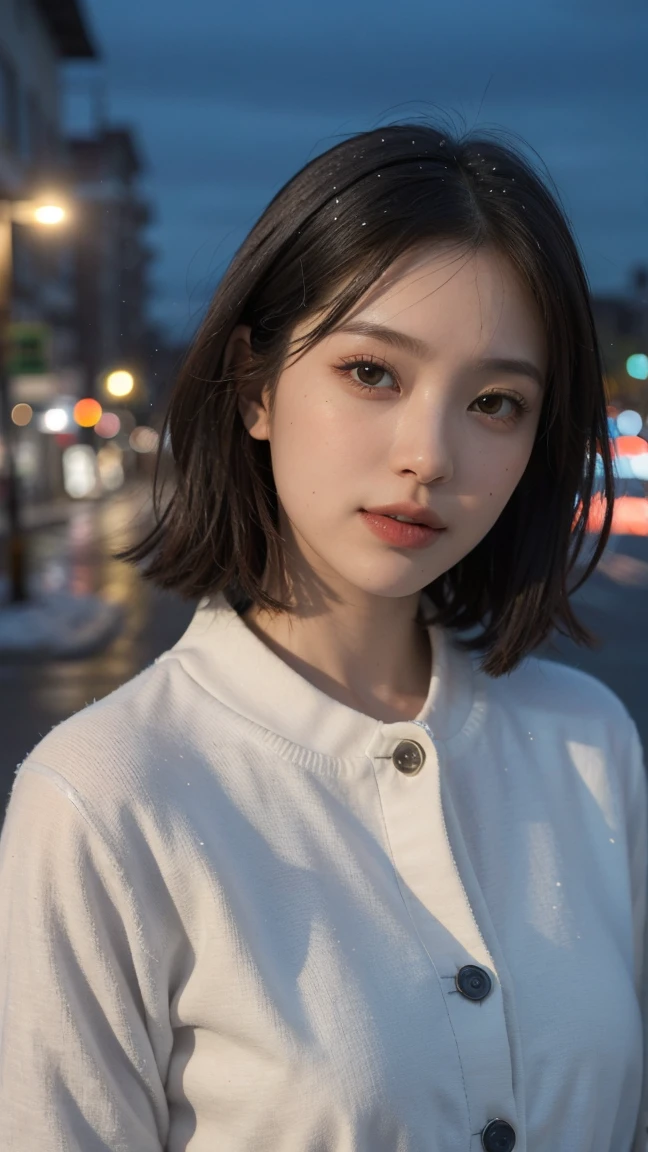 T-shirt, coat, , (photorealistic:1.4), (best quality:1.0), (ultra highres:1.0), 8k, RAW photo, (masterpiece:0.2), , zydG, 1girl, detailed skin, looking at viewer, brown eyes, (short hair with bangs:1.2), (large breasts:1.0), (large areolae:0.8), , (pureerosface_v1:0.5)