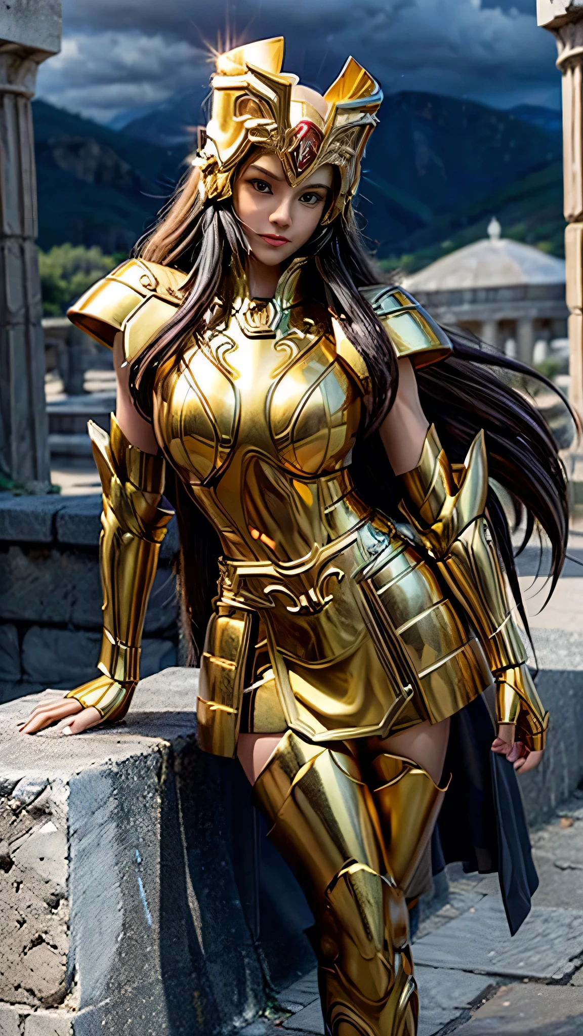 Gemini Armor, gold armor,1girl, armor, Dramatic skies, looking at the audience, armor, Shut up, Upper Body, Serious, helmet, On the Greek temple bridge, whole body. boots,Solo, Smile, Red Eyes, White long Hair, High Resolution, Masterpiece, High Details, High Quality, Super Detailed, Best Quality, huge boobs, feminisme, sexy, full body, The atmosphere is dramatic and cinematic, with soft, diffused lighting and a sense of quiet power and mystery." Highly detailed, photographic, full body, Athena temple, Belly appear, huge boobs, highly detailed, dynamic pose, realistic hair