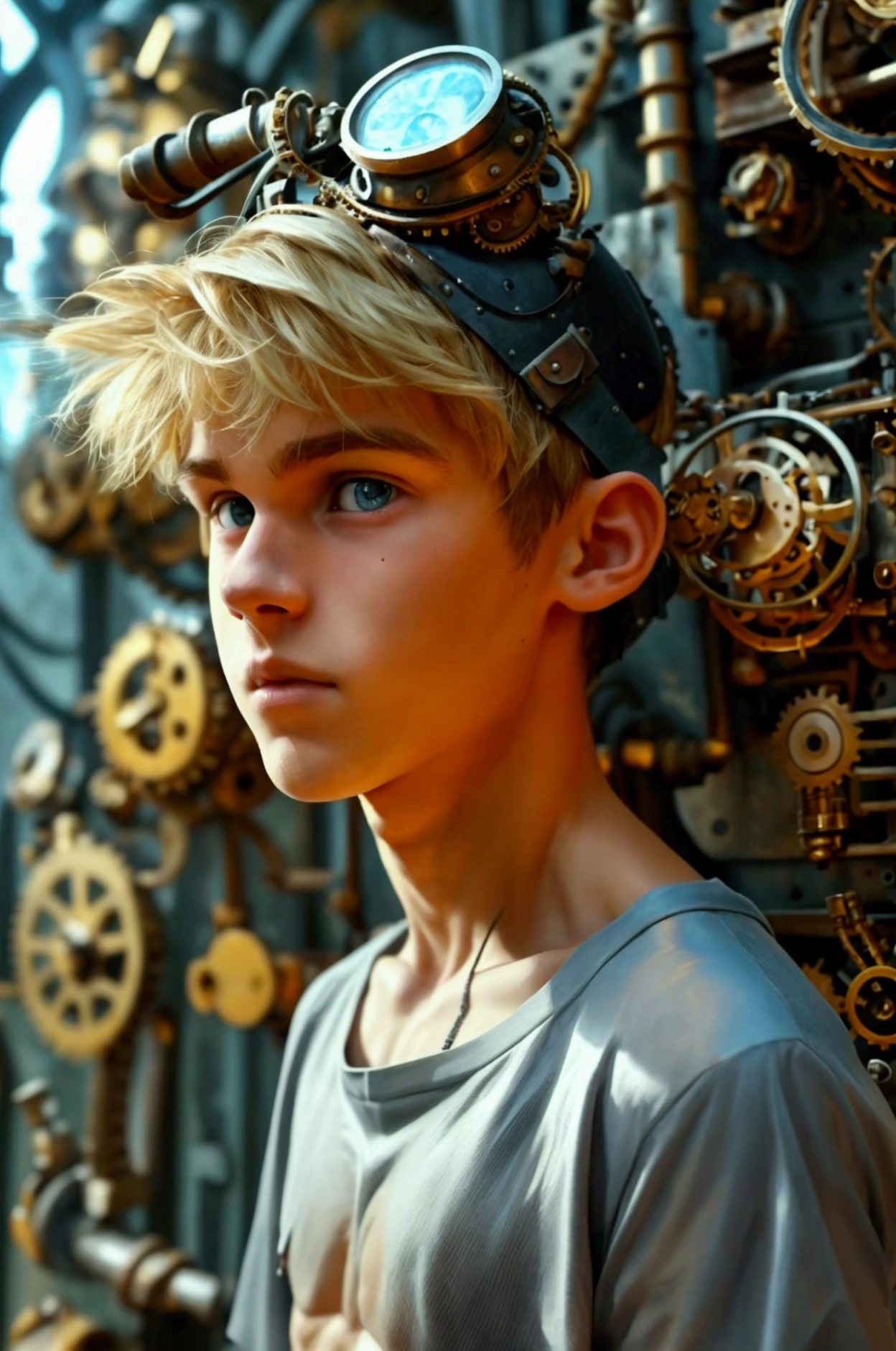 A photo of a young  male cute boyish imature shirtless 18yo teenager, Innocent face, innocent expression super skinny, blond, handsome, cute handsome boyish face,   wearing a super tight shorts hyperrealism photo. Full-body male focus. Focus on male cuteness.  Perfect anatomical proportions.(( Shirtless posing )) for his photograph in front of an intricately designed steampunk industrial building  with many intricate steampunk gadgets. Steampunk setting. Perfect face. Coal dust streaks on his bare chest and arms. (((Not muscular))) no shirt