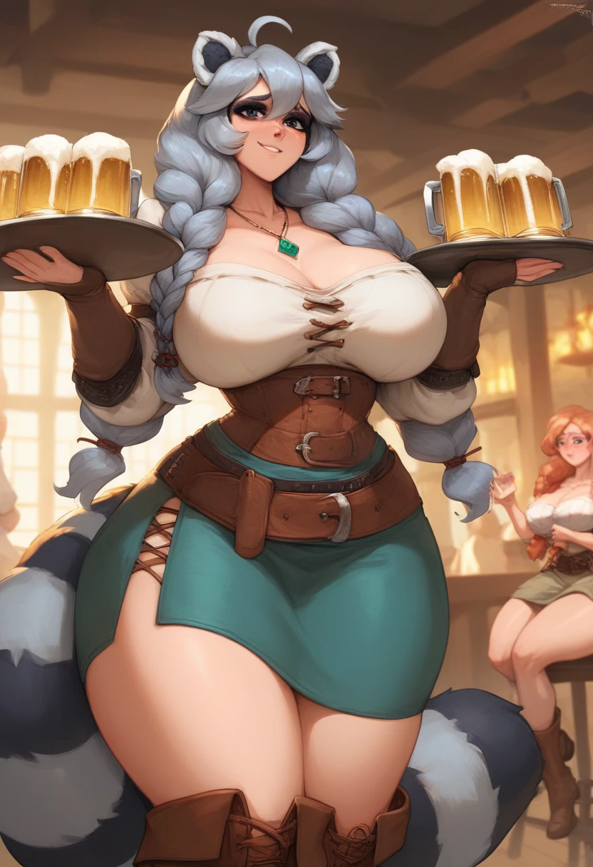 Masterpiece,best quality,high resolution, cowboy shot BREAK, ((1girl)), grey hair, , inside, raccoon ears, fluffy ears,grey fur, raccoon tail, human, wide hips, thick thighs, medieval clothing, serverer clothing,brown boots, leather boots, ((skirt)), peasant clothing,(beer on tray), waist trainer , long hair, braided hair, necklace, emerald, silver, fantasy clothing, Ahoge, tavern, Smirk, Light Blush, Seductive Smile, Shy, large hips, huge breasts,