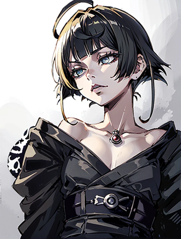 a close up of a woman with a black dress and black lipstick, blonde hime cut hair, with short hair, 1 7 - year - old anime goth girl, short pigtails hair, white hime cut hairstyle, sui ishida with blonde hair, with short hair with bangs, short blonde hair with bangs, short blonde hair, japanese gothic, blonde short hair