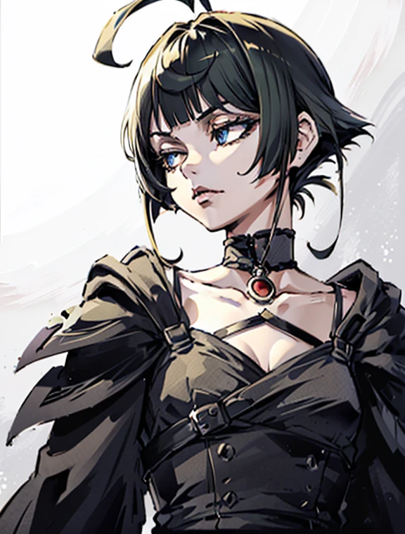 a close up of a woman with a black dress and black lipstick, blonde hime cut hair, with short hair, 1 7 - year - old anime goth girl, short pigtails hair, white hime cut hairstyle, sui ishida with blonde hair, with short hair with bangs, short blonde hair with bangs, short blonde hair, japanese gothic, blonde short hair