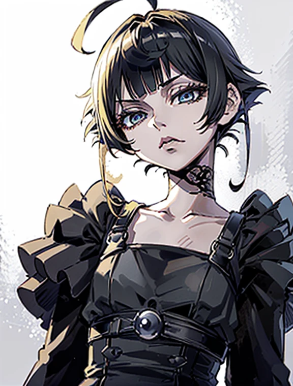 a close up of a woman with a black dress and black lipstick, blonde hime cut hair, with short hair, 1 7 -  - old me goth girl, short pigtails hair, white hime cut hairstyle, sui ishida with blonde hair, with short hair with bangs, short blonde hair with bangs, short blonde hair, japanese gothic, blonde short hair