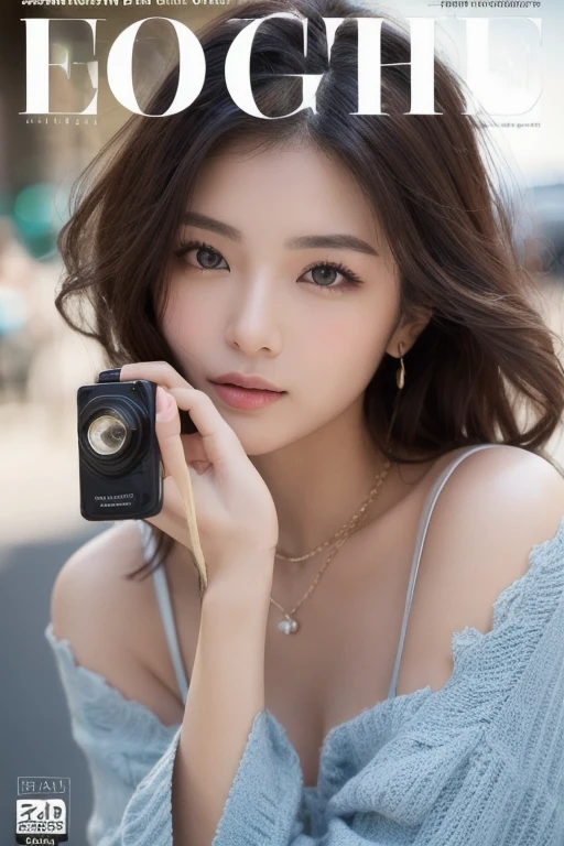 A girl holding a camera, mix4,(8k, RAW photo, best quality, masterpiece:1.2), (realistic, photo-realistic:1.37),1girl,cute,cityscape, night, rain, wet, professional lighting, photon mapping, radiosity, Physically-based rendering, gradient brunette hair, short curly hair, handsome, girly, white ball set, superb picture quality, high resolution, 1080p, (clear face), (detailed face description), (detailed hand description), (masterpiece), (exquisite CG), extreme light and shadow, messy hair, masterpiece, rich detail, (exquisite facial features), (highest image quality), (masterpiece), (detailed eyes), look forward to your eyes, delicate collarbone