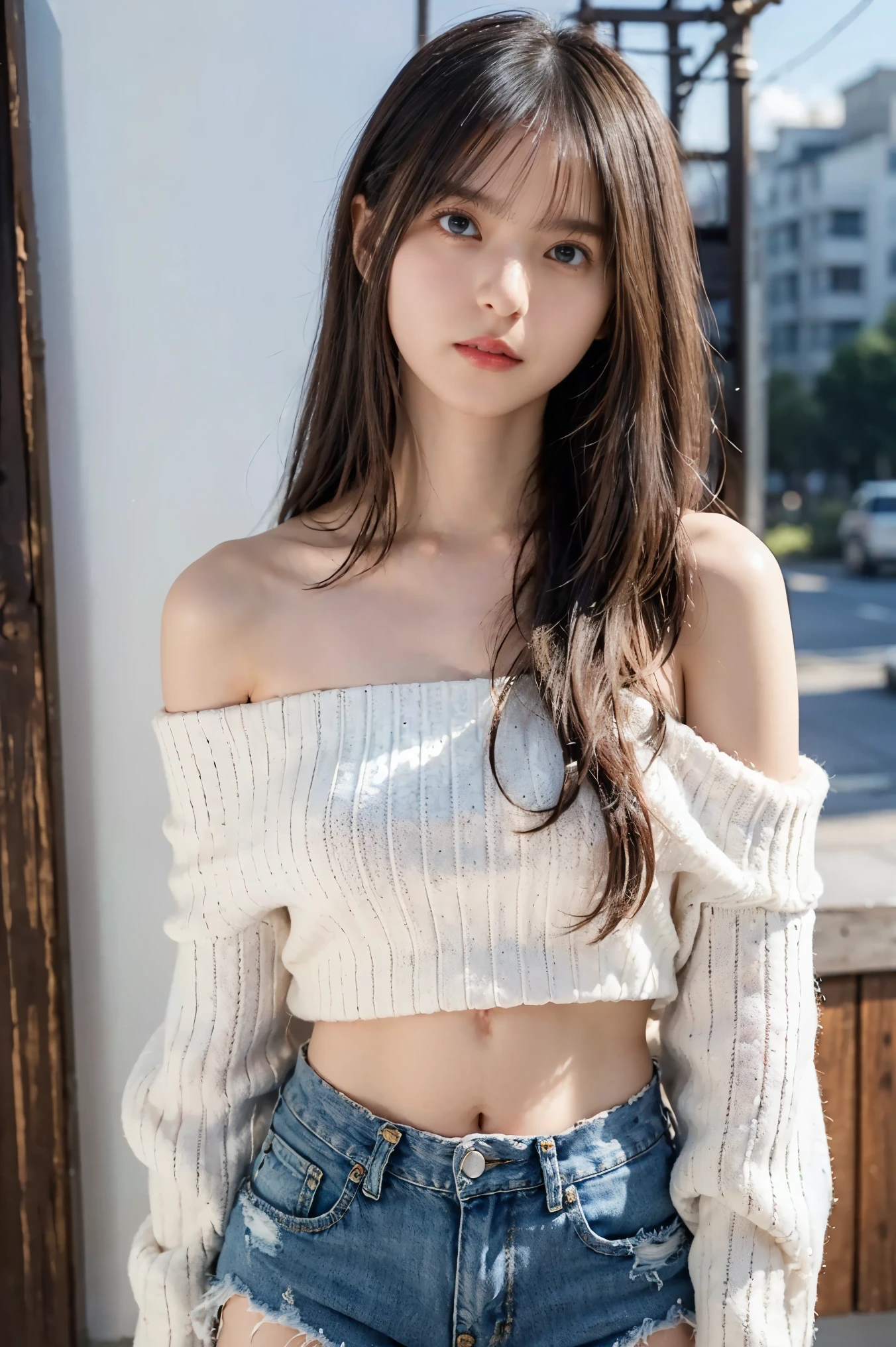 Central chest, beautiful and amazing eyes, (Long Hair:1.2), (8k, best quality, masterpiece:1.2), (Realistic, Realistic:1.37), Very detailed, 1 girl, cute, Alone,(White off-the-shoulder knit and distressed denim shorts:1.2)、belly button、Look forward, is showing the whole body, sexy girl portrait, Blue sky and clouds,Around town、