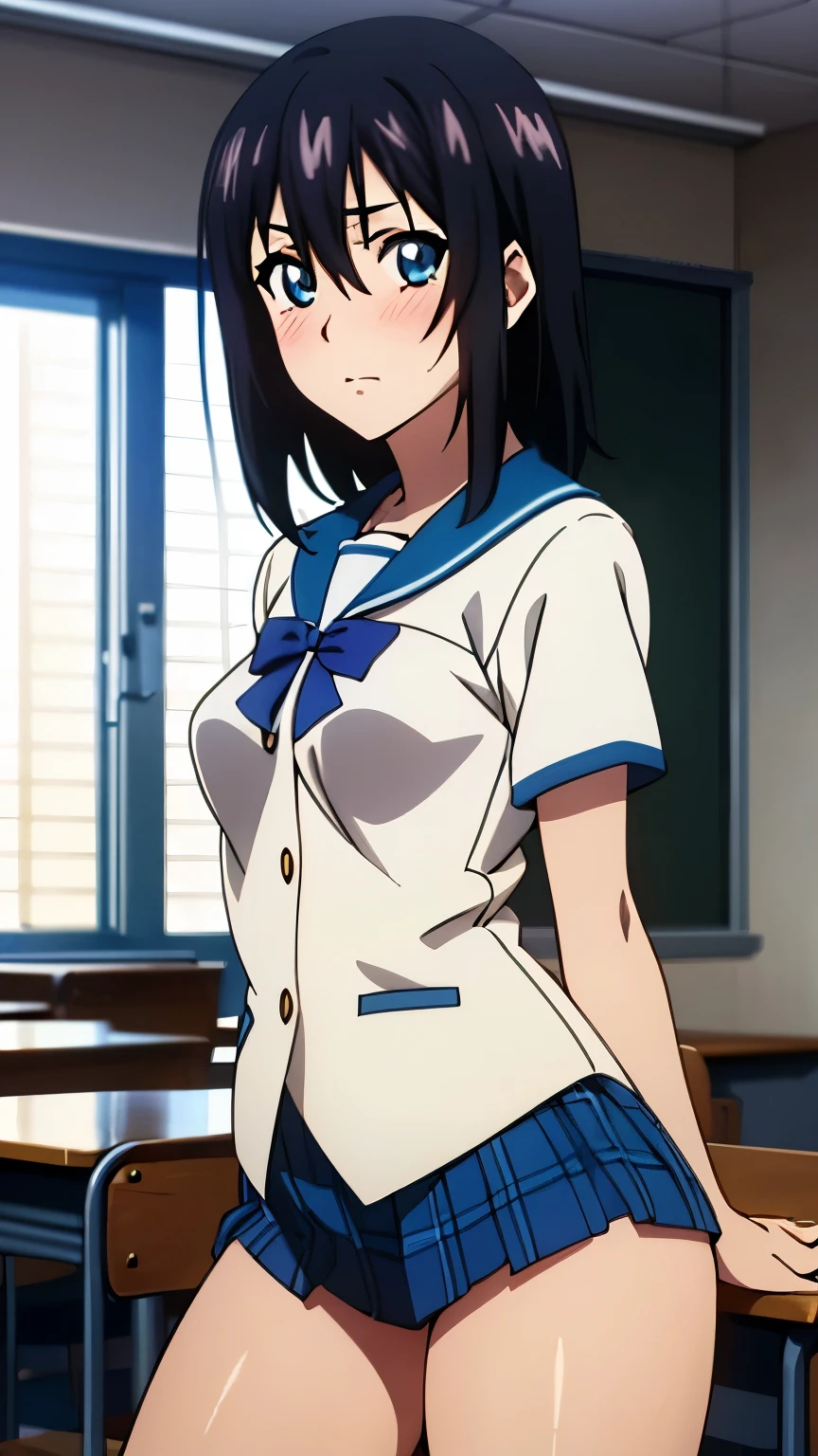 (Top quality, masterpiece, 8k), (Realistic skin texture), (anime coloring), Very detailed, very detailed, perfect face, beautiful eyes, perfect eyes, detailed eyes, feature large highlight, detailed face, ultra-detailed, detailed eyes, symmetrical eyes, (Dynamic angle), Sharp details, Yukina, black hair, (small medium breasts:1.2), medium hair, healthy skin, (classroom, school uniform, thighs, blushed), (cowboy shot:1.5), looking at the viewer, in the center of the image