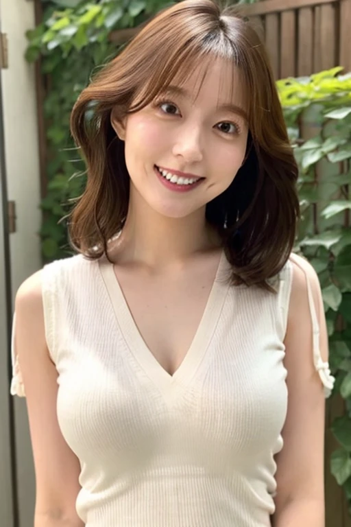  mature girlfriend 、Clear、virgin、28 years old、  wavy shoulder length hair 、Double teeth、Shapely breasts、 bright 、Japanese、Fitted knit shirt、Enhances the shape of the breasts、 realistic feel