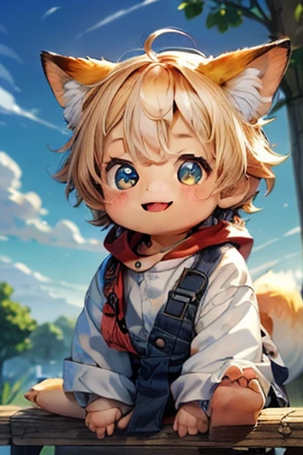 masterpiece， best quality， high definition ，8ｋ， detailed，cute，Chibi character，((Personification:1.5))， Baby Fox ，beautiful，Beautiful，Fluffy coat，Smiling face，(Small ears），