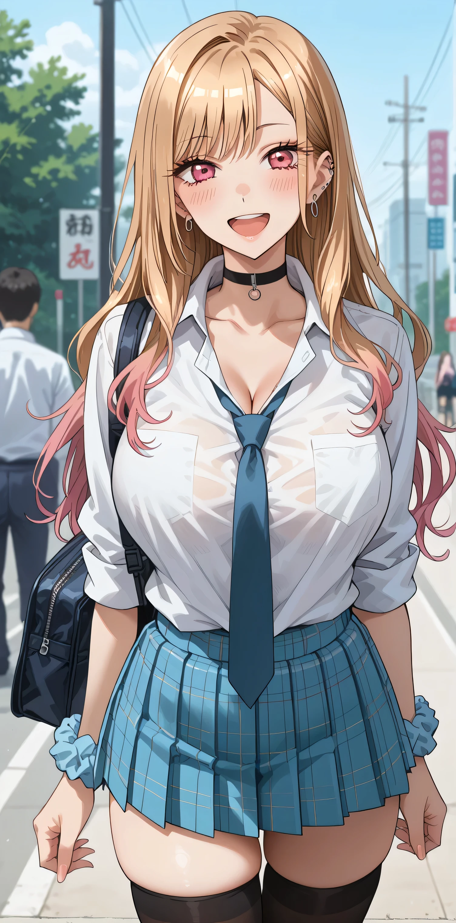 Tall girl, fit girl, KJOmarin, blonde hair, long hair, pink eyes, earrings, ear piercing, multicolored hair, score_9, score_8_up, score_7_up, source_anime, masterpiece,best quality, huge breasts, flashy gyaru,1girl, jewelry, necktie, earrings, skirt, breasts, shirt, long_hair, thighhighs, wrist_scrunchie, large_breasts, choker, white_shirt, open_mouth, looking_at_viewer, plaid, smile, blush, collared_shirt, tied_shirt, plaid_skirt, blue_skirt, bangs, solo_focus, school_uniform, red_necktie, outdoors, shirt_tucked_in, black_choker, scrunchie, sleeves_rolled_up, pleated_skirt, thighs, blurry_background, collarbone, white_thighhighs, parted_bangs, skindentation, :d