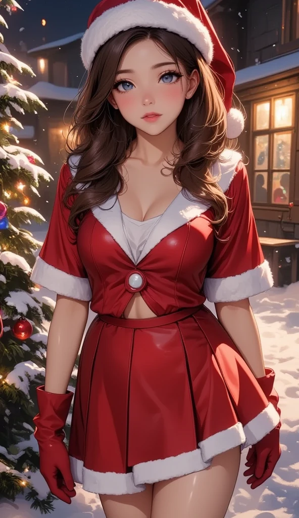 {there is a young girl standing near a christmas tree outside in the snow. she is she is beautiful, and attractive. she is nude, detailed nipples, detailed vagina, also wearing red gloves and thigh high socks, and black shoes. she is also wearing a red beany, and also wearing a red and green striped scarf. she has a beautiful smile on her face. she has beautiful long brown hair, and beautiful hazel eyes. she also is holding a christmas decoration in her hand, as if she is decorating the tree. the tree is a pine tree, covered with christmas decorations. there is also a log house behind her, with also tinsel and lights decorated around it. it is clear, but there is a lot of snow around her.}, {best quality}, {{masterpiece}}, {highres}, extremely detailed girl, {{{pale skin}}}, {{{detailed face}}}, {photo-realism}, {{perfect anatomy}}, sharp focus, {{{character{1 girl}}}}, solo, {{{{{sharp focus}}}}}, {{{detailed cloth texture}}}, {{{detailed skin texture}}}, {{{smooth lighting}}}, slim body, thin legs, short stature,