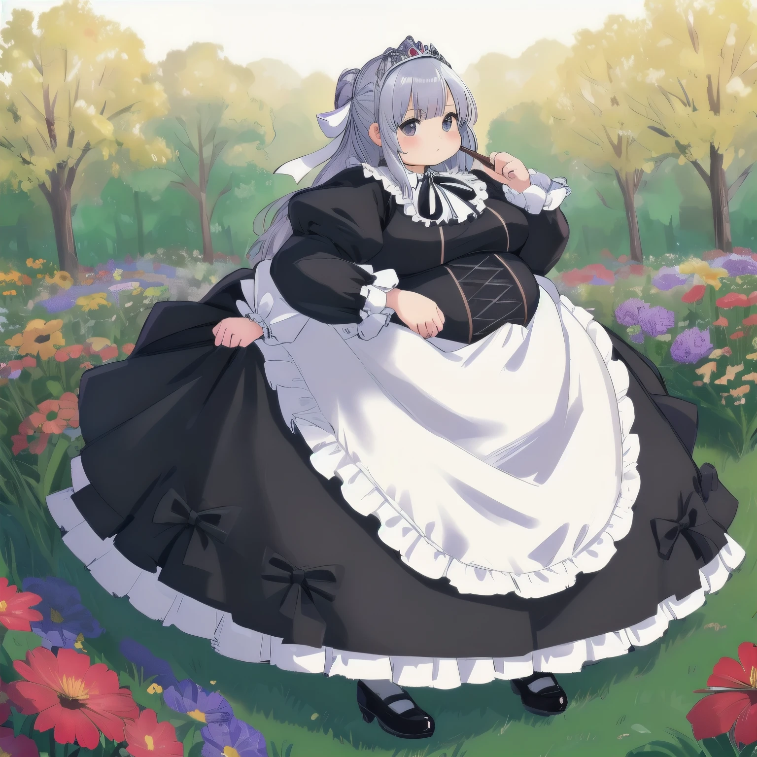 Beautiful Queen, obesity,  long sleeve , dress,ribbon, pantyhose ,frills, Puff Sleeves ,black  dress,black  pantyhose ,neck ribbon,frilled  dress, Juliet sleeve,white ribbon, skirt, full body, Field and flowers in the background , achromatic , masterpiece,  Ultra Hi-Res,  High Quality ,
