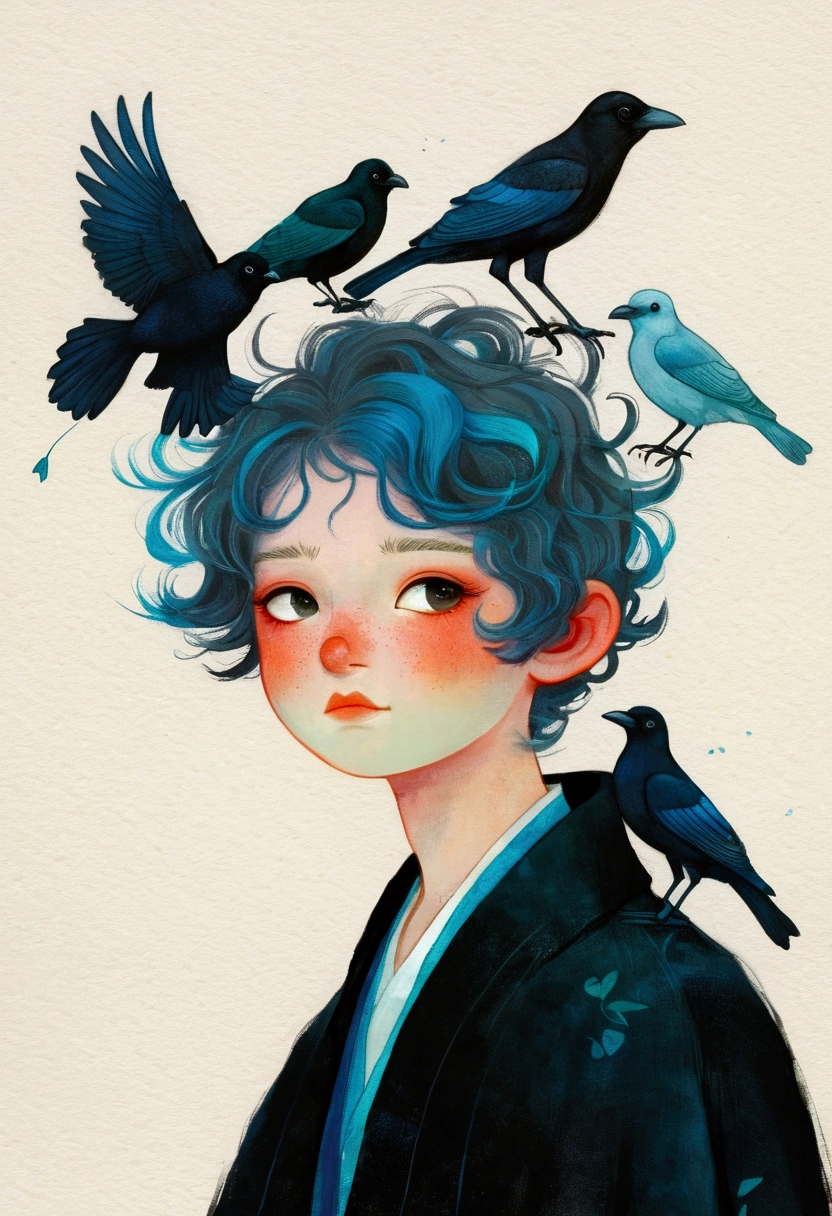  Drawing of a Boy with a Bird on His Head , Beeple 和 Jeremiah Ketner, Edgar Maxence 和 Ross Tran,  Yuri Schweidorf and Tom Bagshaw,  Inspired by Maciej Kuciara , author：Gonzalo Endara Crow , Blue Head ,  Sergei Kolesov , By Tran Nguyen,  Inspired by Marco Mazzoni 