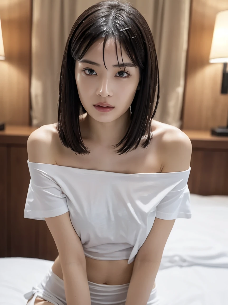 (masterpiece:1.2), Very detailed, Ultra-high resolution, (Realistic, photo Realistic:1.37), High-resolution RAW color photos, Professional photos, Dramatic lighting, Sharp focus:1.2, (Very detailed顔と肌の質感, Very beautiful eyes, Glossのある肌, Glowing Skin, Glowing Skin, Shining Face, Gloss, Oily skin, greasy face, Oily skin, greasy face, 強いGloss), Perfect Anatomy, Very detailed背景, 1 female, 25-year-old woman, Japanese women, (Short Bob Hair, Straight hair, bangs:1.3, Brown Hair), (Tilt:Weight 1.0), (Flat Chest:1.5), ((Bedroom)), (((night))), (((dark部屋))), (((dark:1.6))), Thighs, ((((Too sensual、erotic、Invite to SEX)))), ((Sensual)), Warm color scheme, ((Glowing Skin)), (((Lie down in bed))), (Please raise your hand), ((suit)), (Sheer white shirt), (((((A skimpy white bra)))),((Cleavage:1.0)), (((Black pencil skirt))), (((mini skirt))), (((((undressing shirt))))), (((((Half-naked shirt))))), (real Glossのある肌 texture), (Glowing Skin), (((White skin))),((((Browsing Caution)))))、((A face asking for sex)),((From above:1.4))
